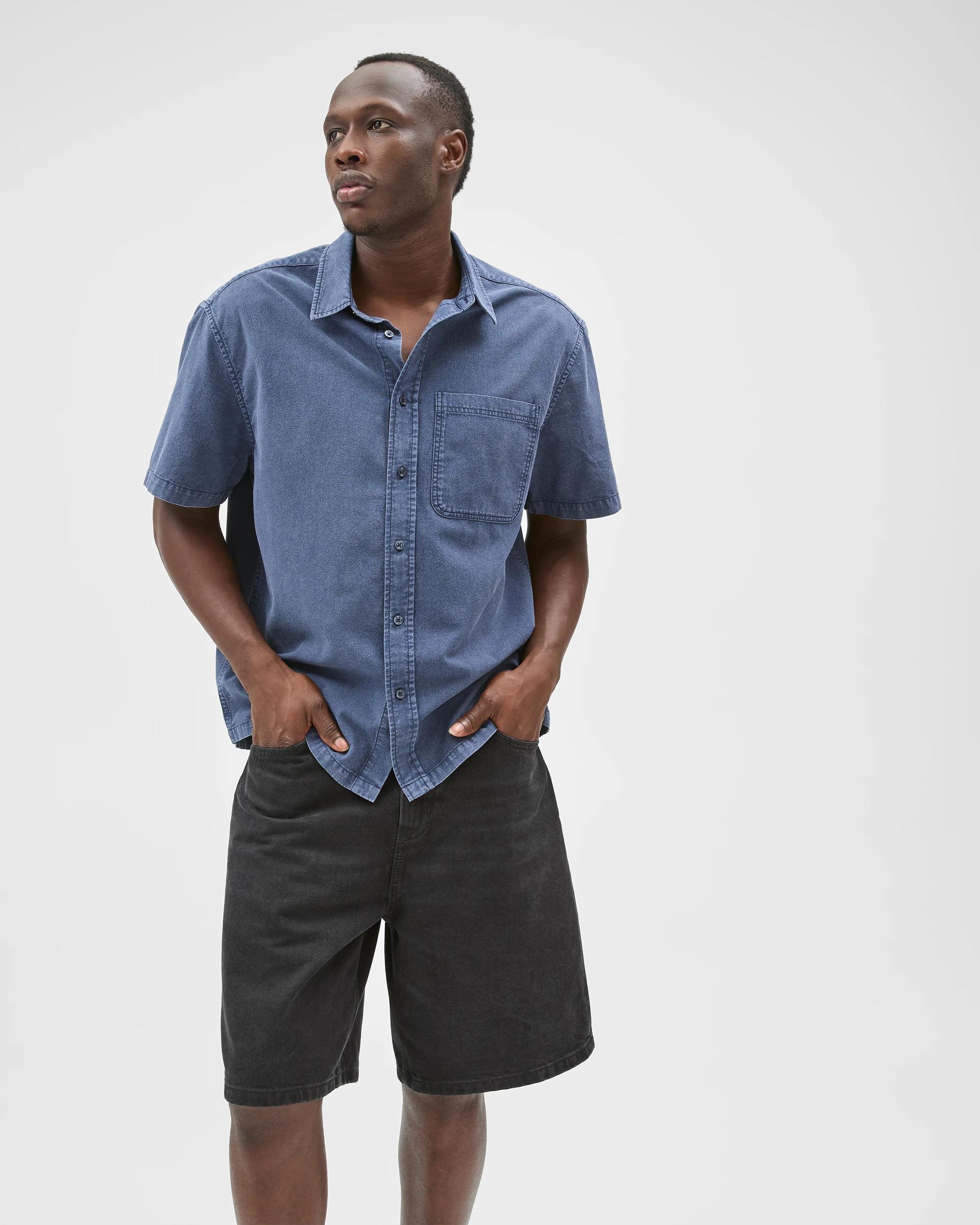 3 Commons Australian Cotton Plain Textured Boxy Fit Short Sleeve Shirt OMBRE BLUE, 3 of 7