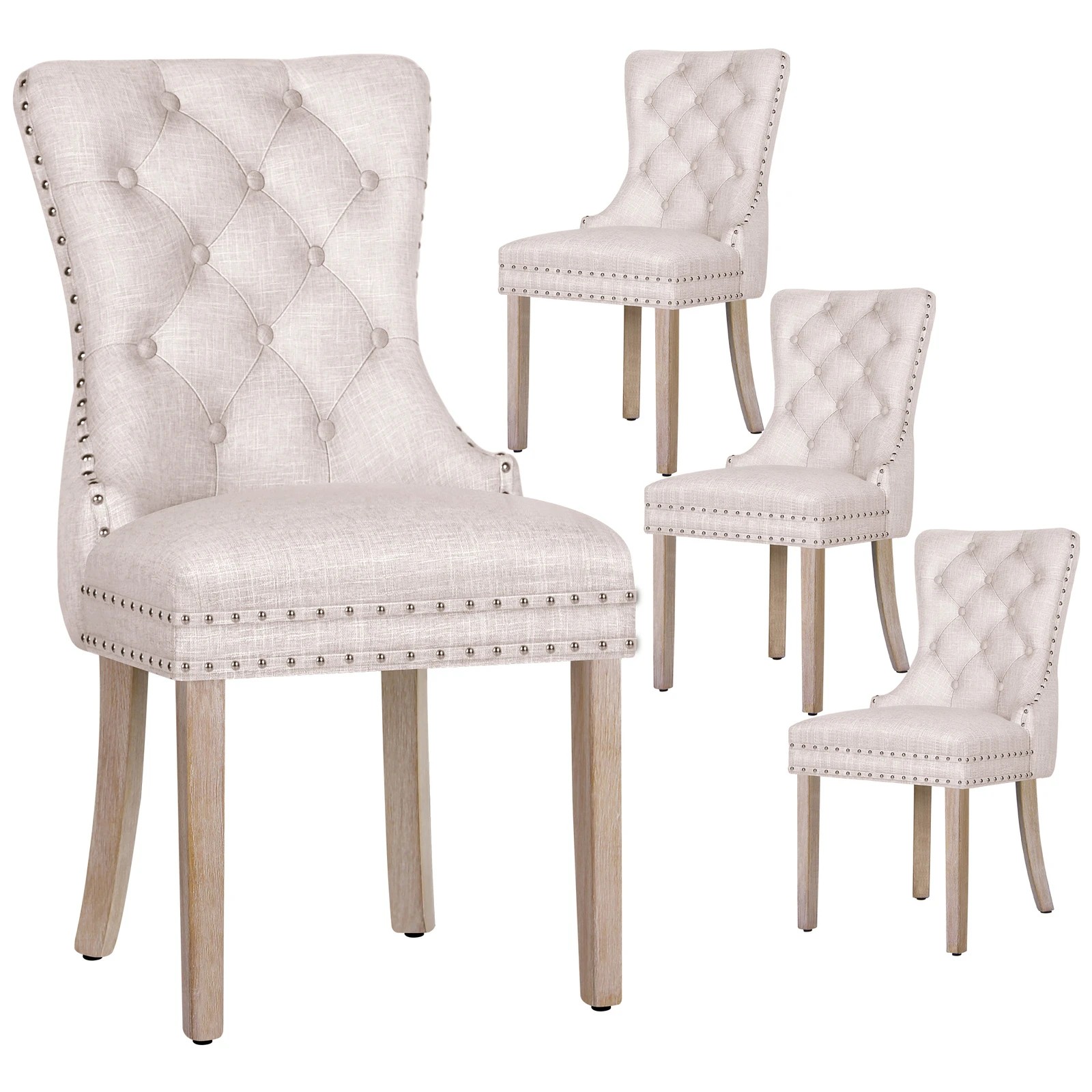 1 Alfordson 4x Dining Chair Kitchen Lounge Retro Button Tufted Wooden Fabric - Beige, 1 of 10
