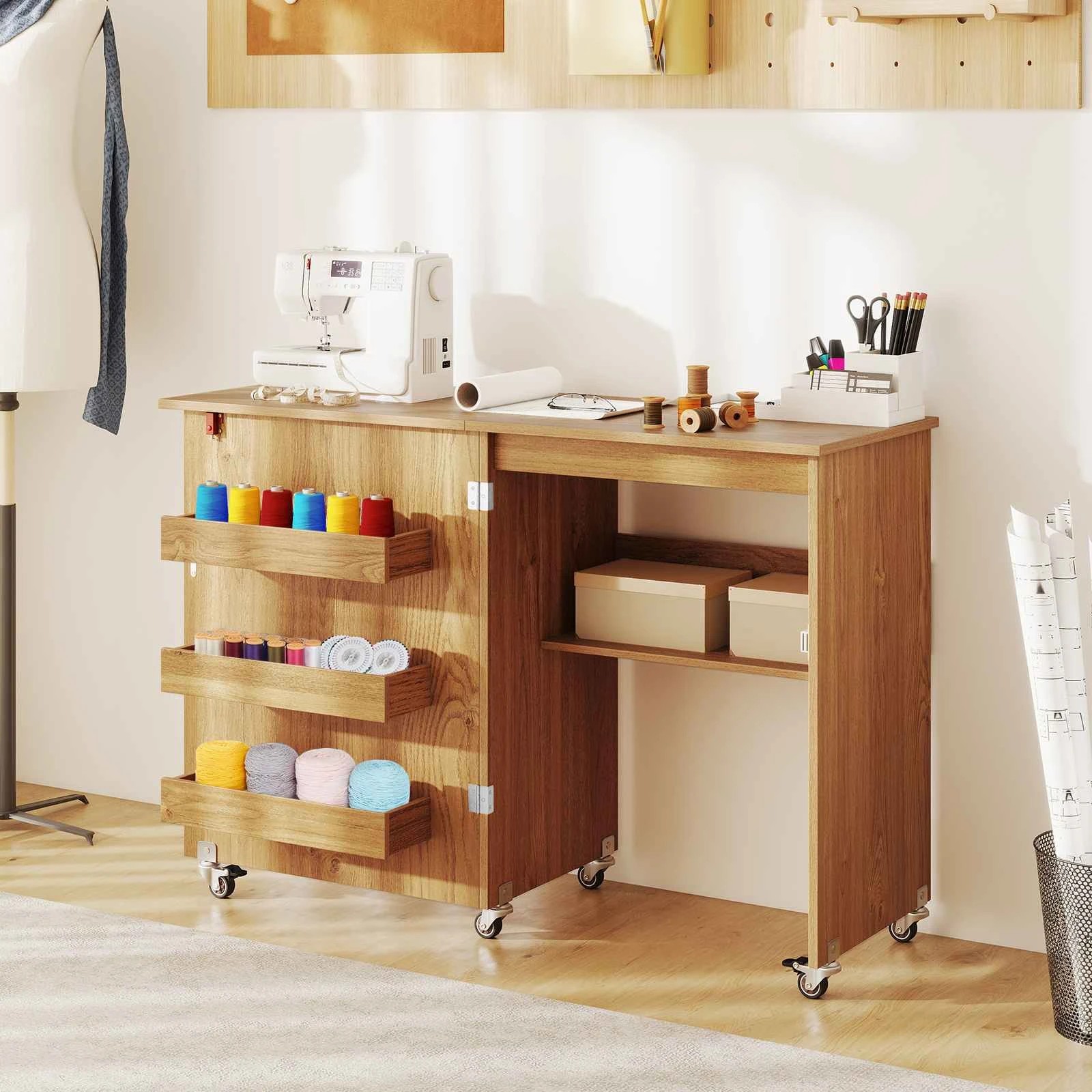 2 Costway Folding Sewing Table Rolling Craft Station w/Storage Cabinet - Natural, 2 of 3