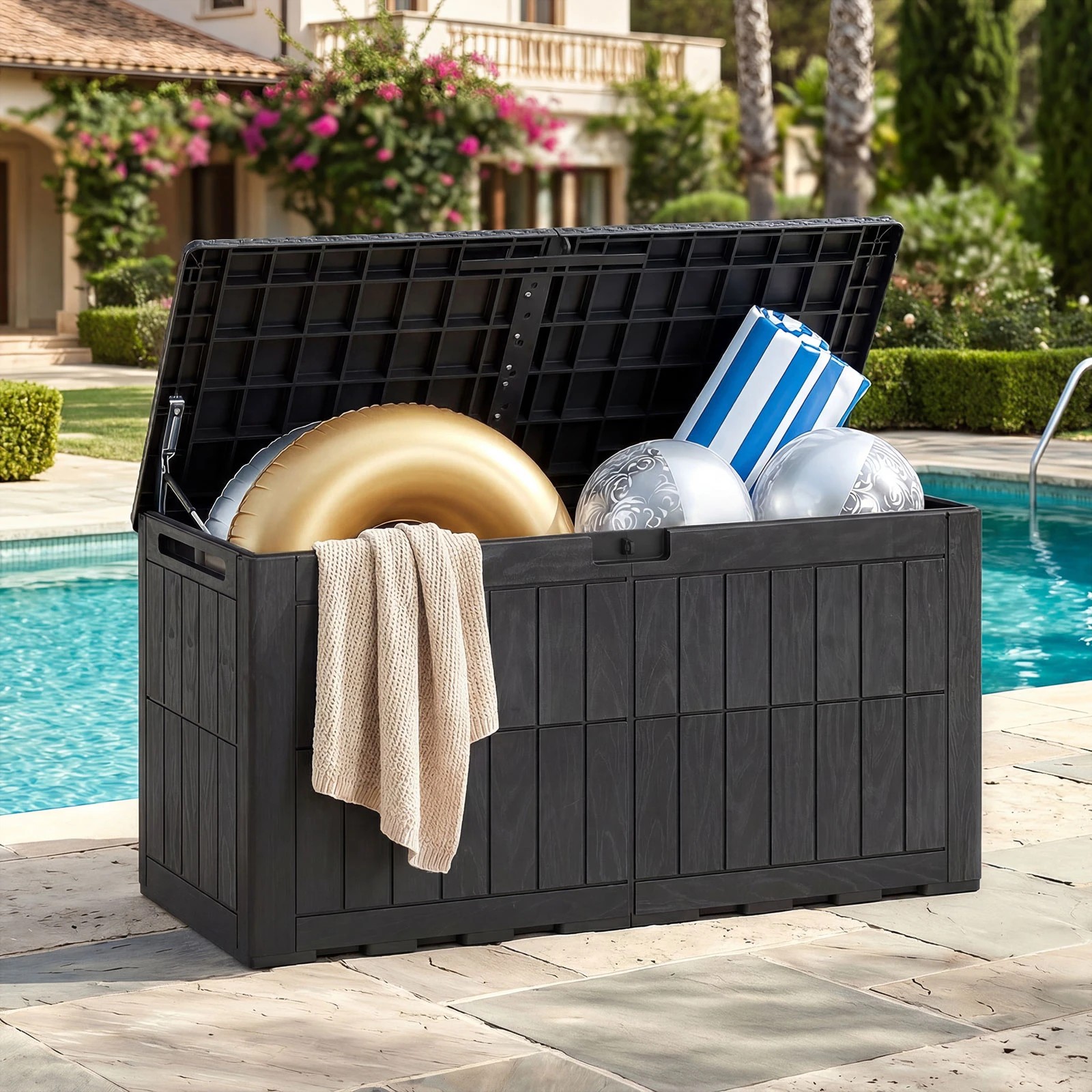 3 Costway 380L Outdoor Deck Box Patio Bench All-Weather Storage Bin w/Handles - Black, 3 of 6