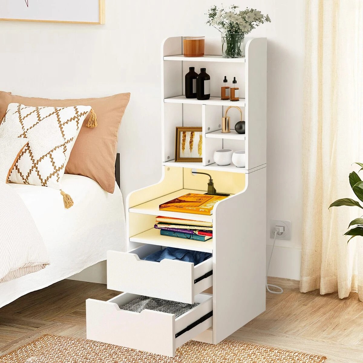 5 LUXSUITE 2IN1 Beside Table Bookshelf LED Nightstand 2 Drawer, 5 of 8