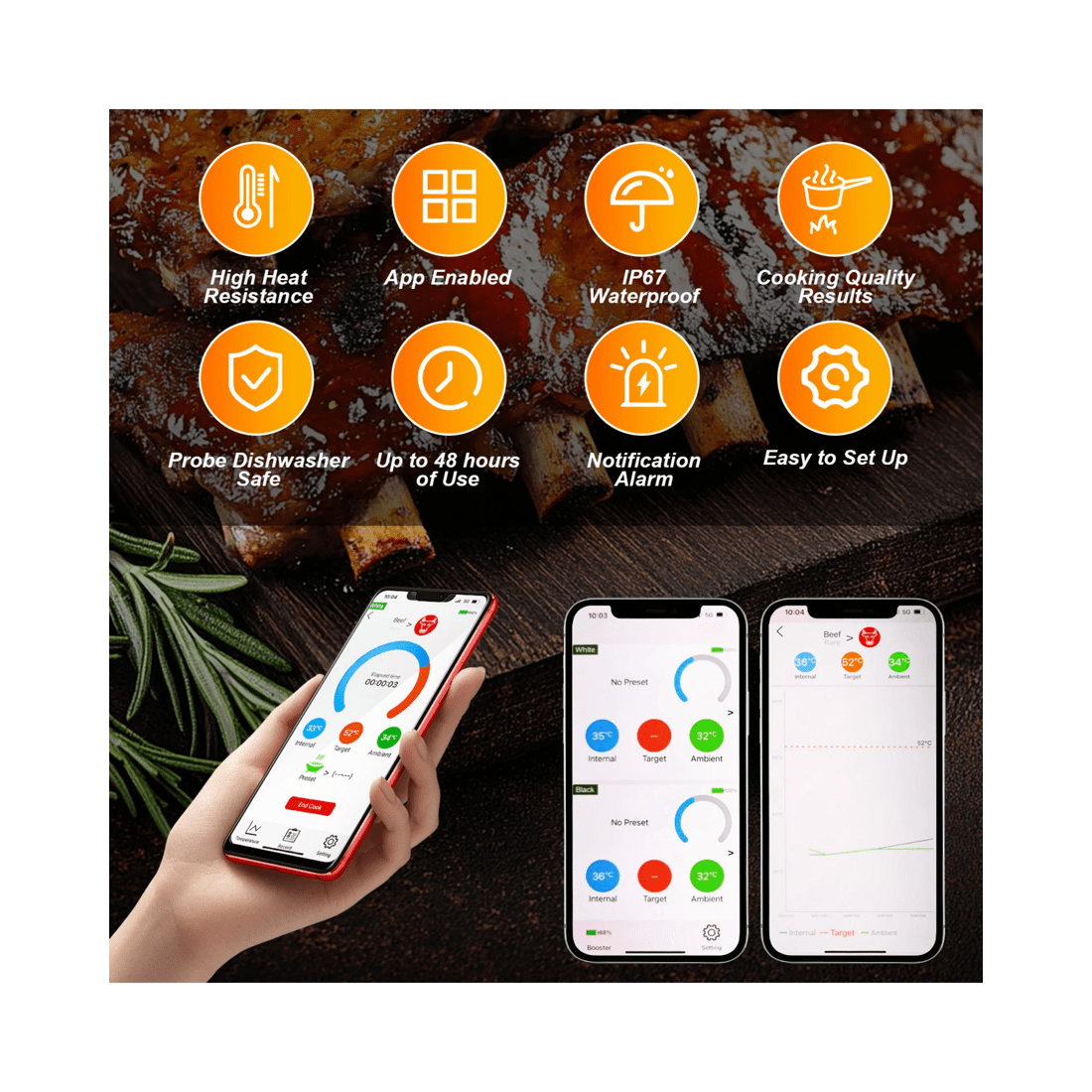 2 Advwin Wireless Meat Thermometer with Dual Probes, Bluetooth 5.3 Smart Food Thermometer with App 800ft Range, 2 of 7