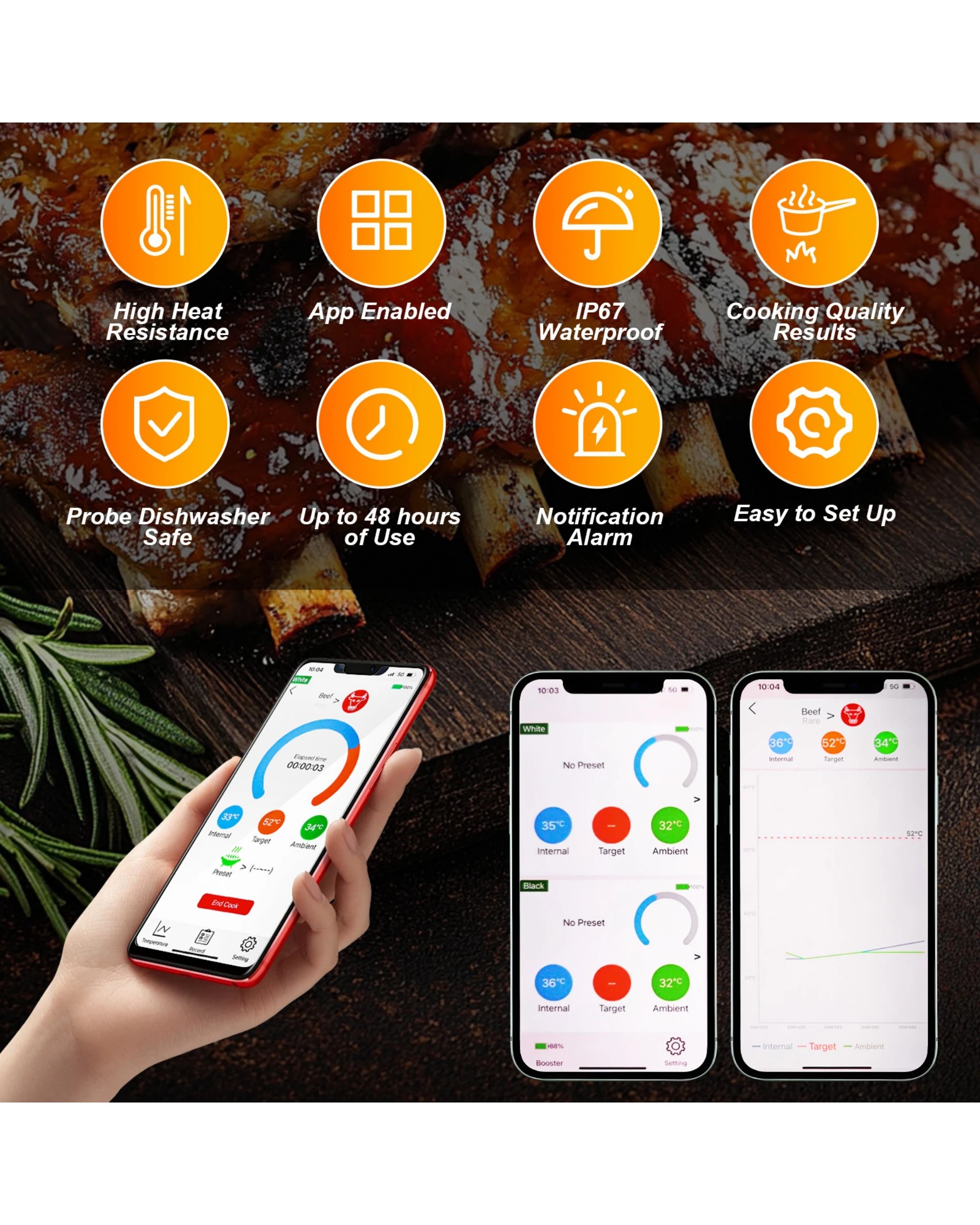 2 Advwin Wireless Meat Thermometer with Dual Probes, Bluetooth 5.3 Smart Food Thermometer with App 800ft Range, 2 of 7