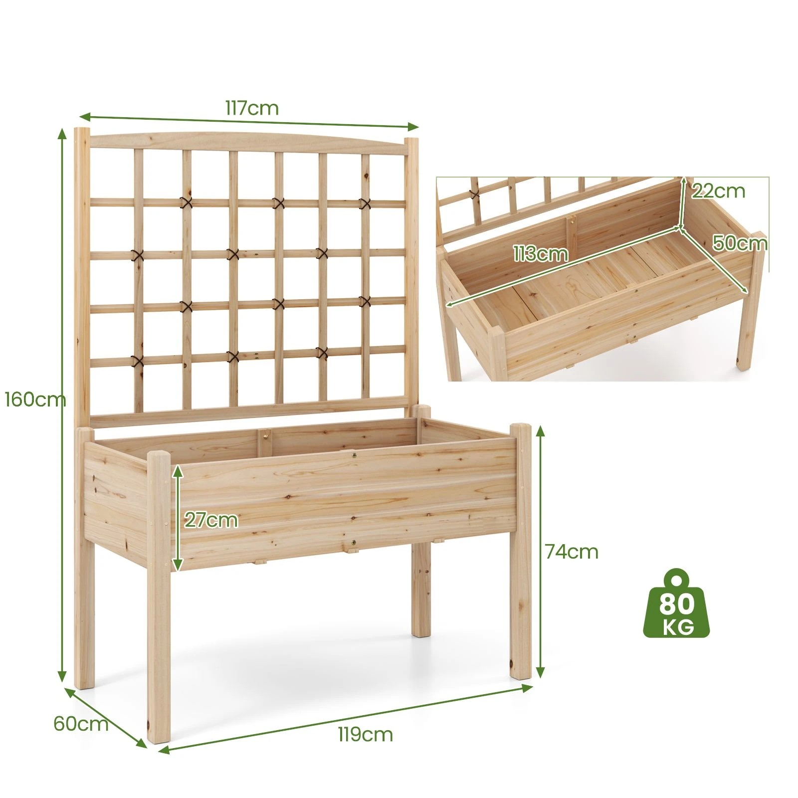 4 Costway 119x60x160cm Raised Garden Bed w/Trellis Outdoor Solid Wood Planter Box Stand, 4 of 4