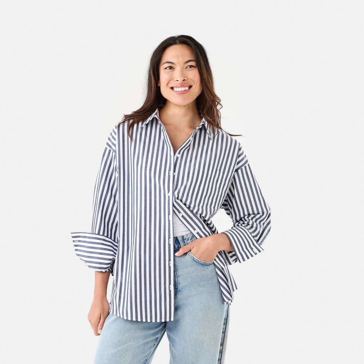 2 Long Sleeve Oversized Cotton Shirt Navy Strpe, 2 of 8