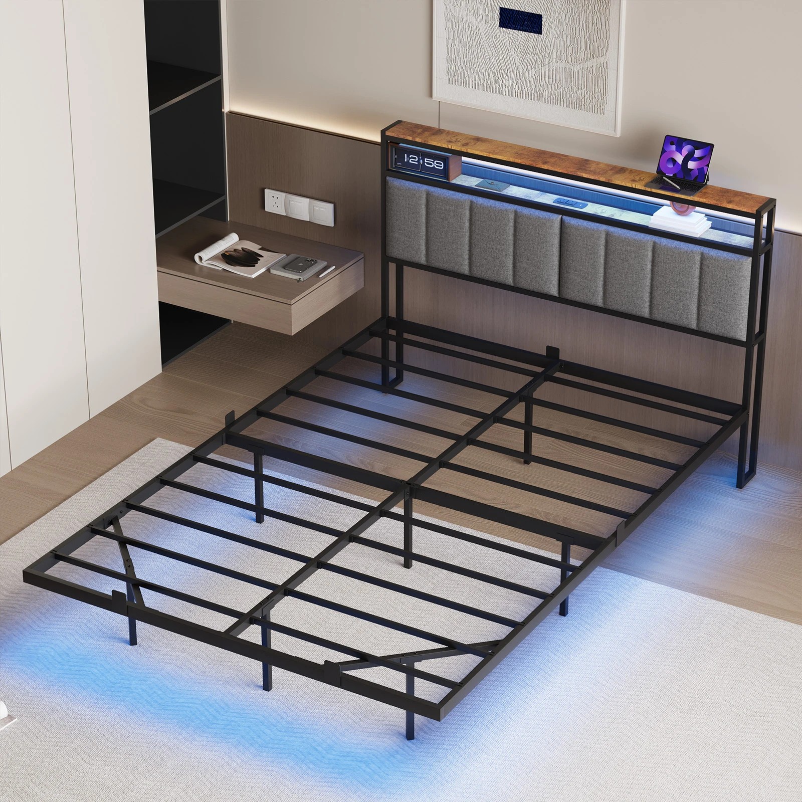 6 Advwin Double Size Floating Bed Frame with Headboard Led Light and Charging Station, 6 of 7