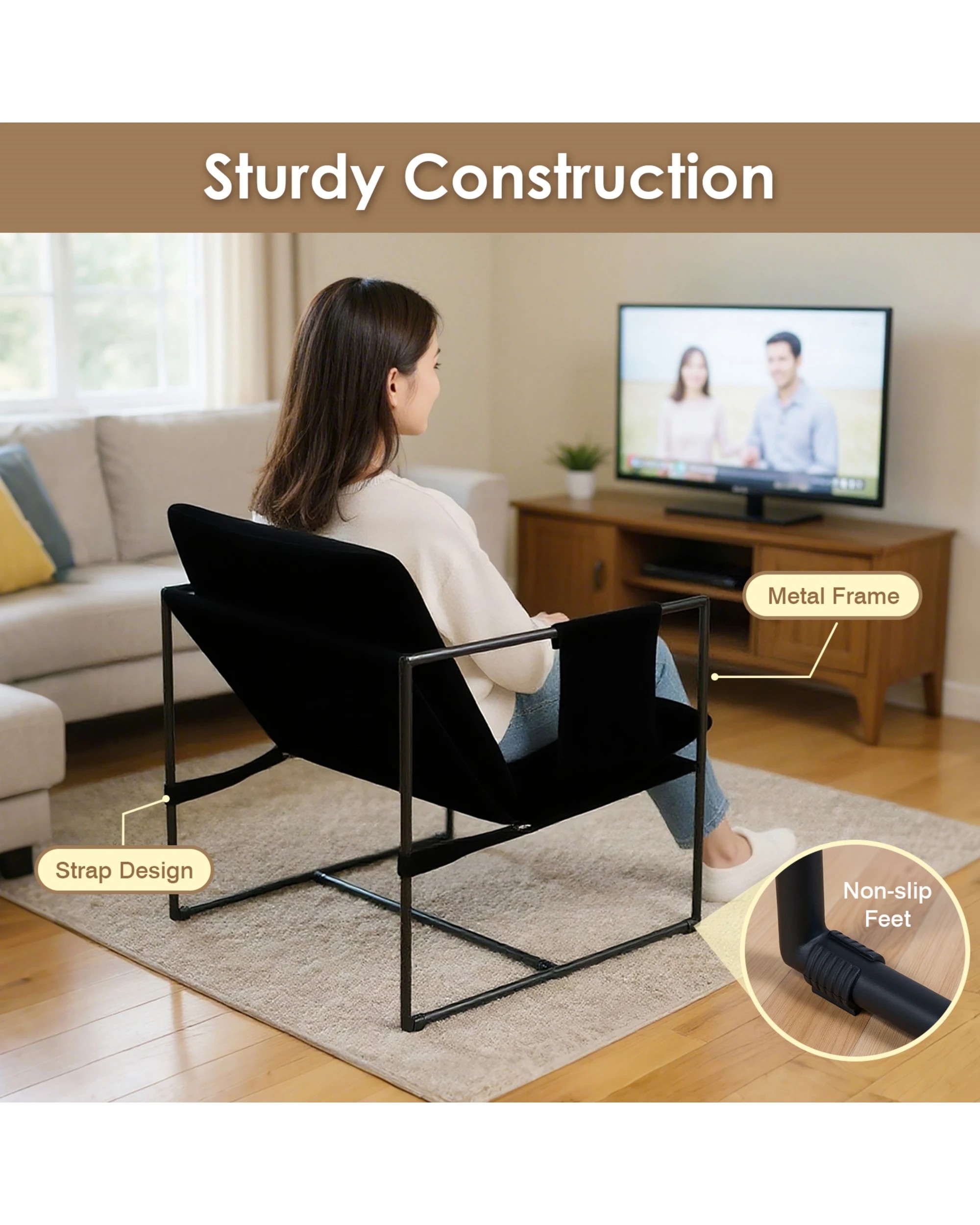 6 Advwin Sling Accent Chair Linen Lounge Chair Armchair with Upholstered Cushions & Side Pocket Black, 6 of 10