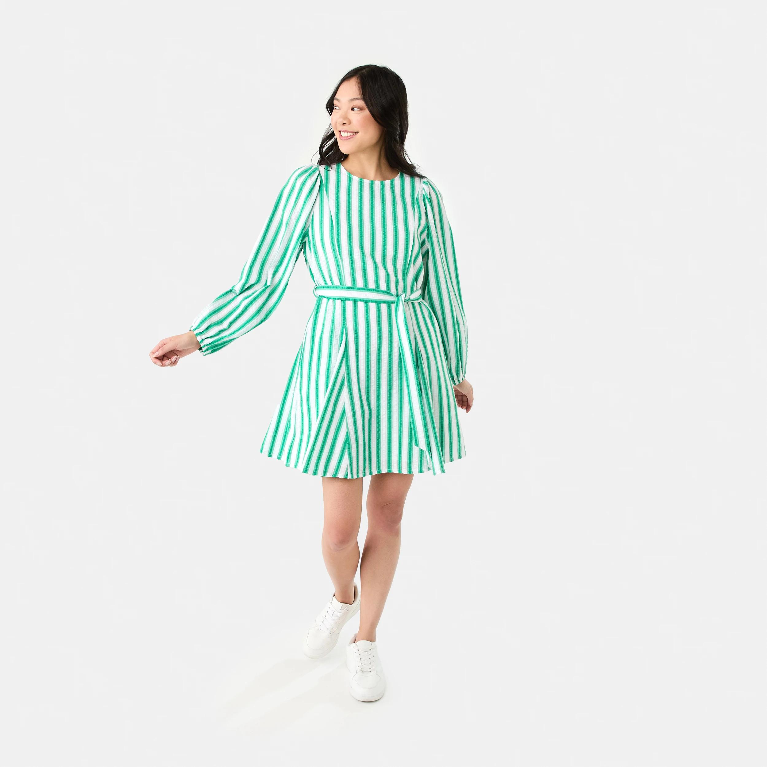 9 Long Balloon Sleeve Crew Neck Mini Dress S Strp Grn, 9 of 9