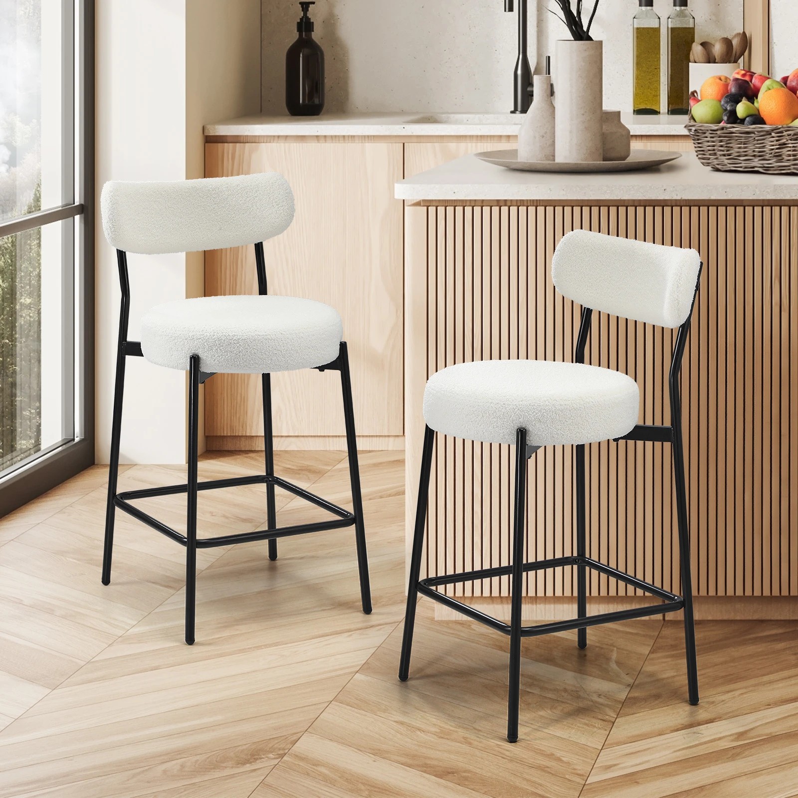 2 Oikiture 2x Bar Stools Kitchen Dining Chairs Counter Stool Boucle
 - White, 2 of 10