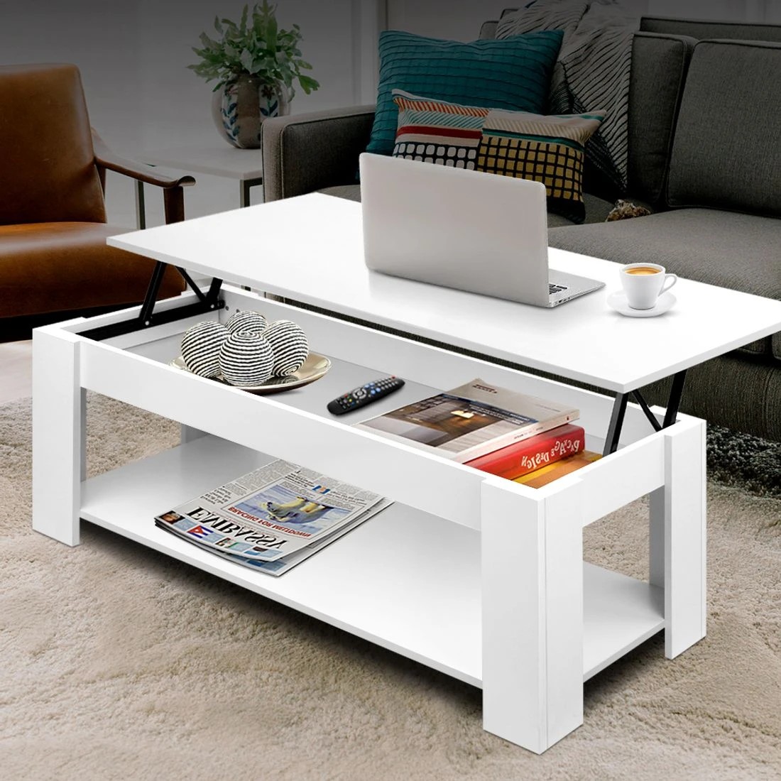 8 Artiss Coffee Table Lift-top Coffee Table - White, 8 of 8