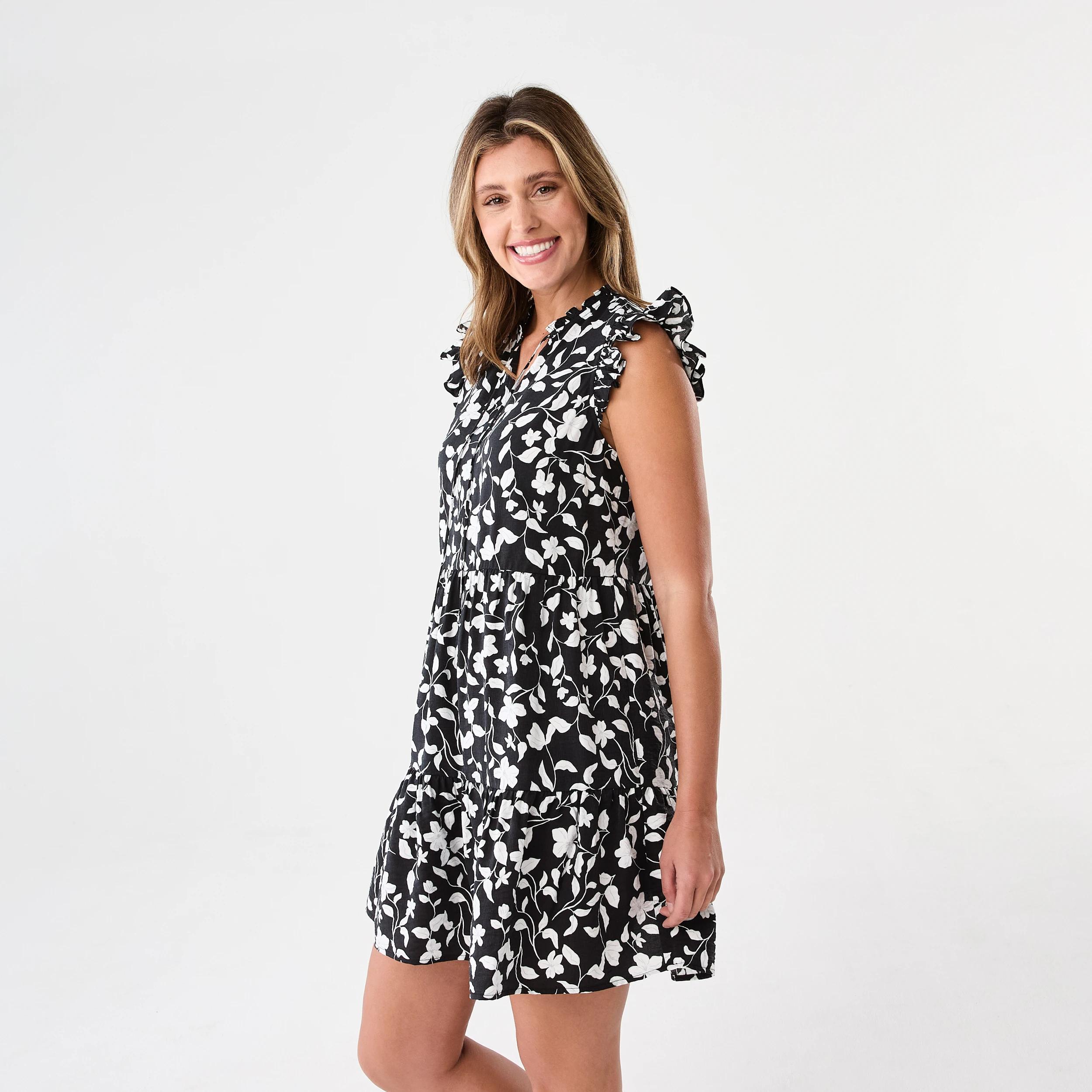 2 Sleeveless Frill Tiered Mini Dress Blk Flrl, 2 of 8