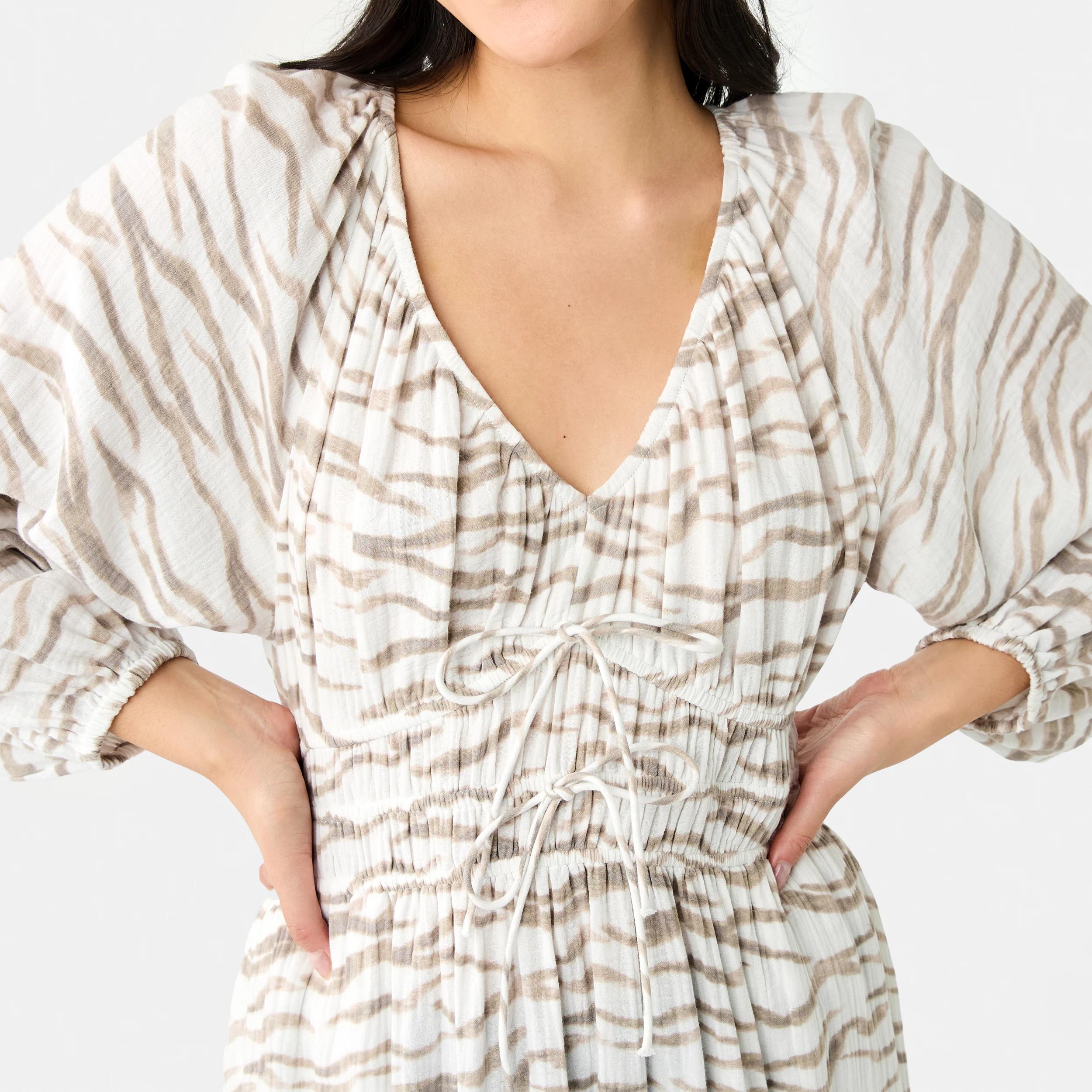 6 Long Sleeve Shirred Detail Midi Dress SOFT ZEBRA CLOUD DANCER, 6 of 8