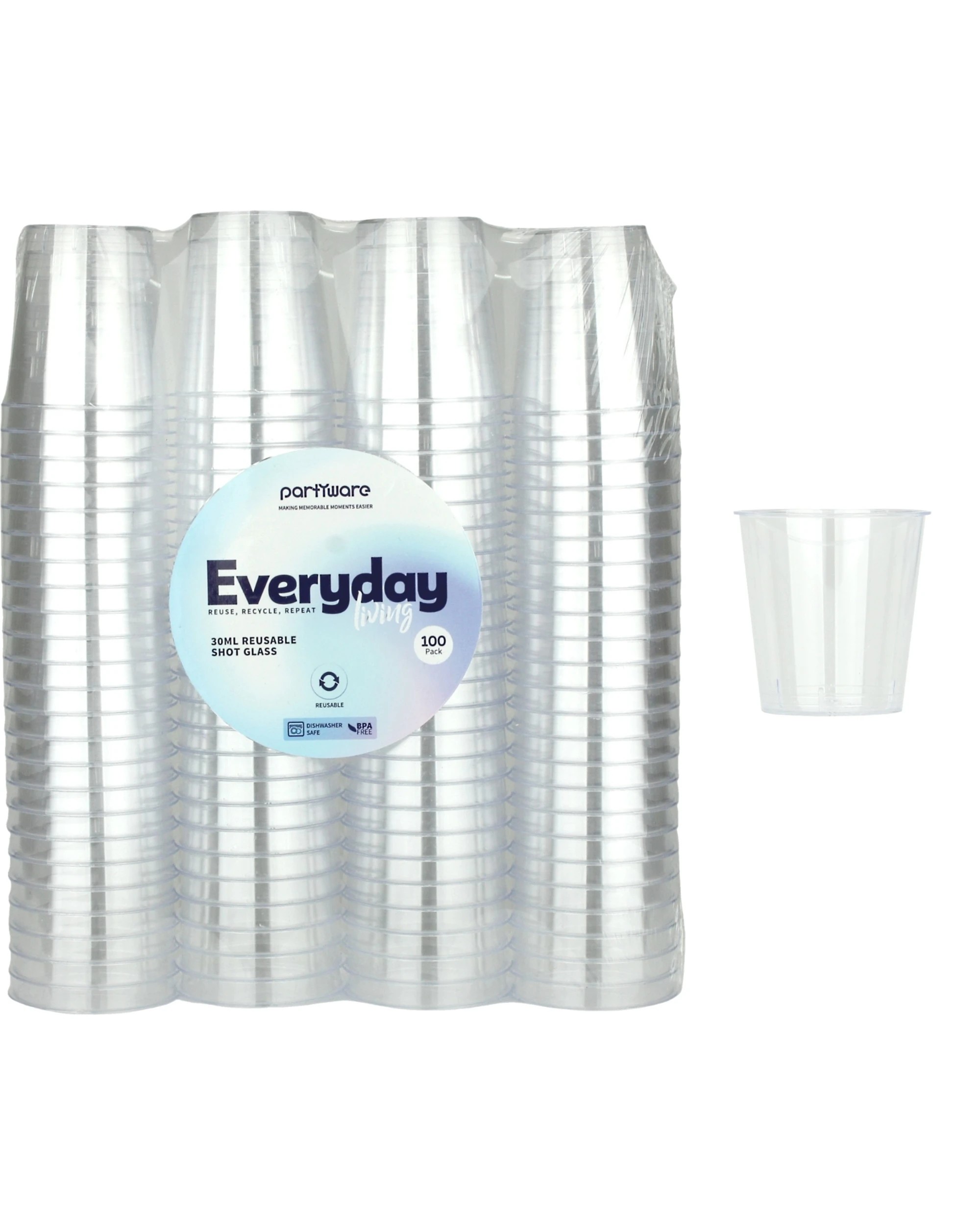 1 Partyware Clear Plastic Reusable Shot Glasses 30ml Bulk Pack of 100, 1 of 2