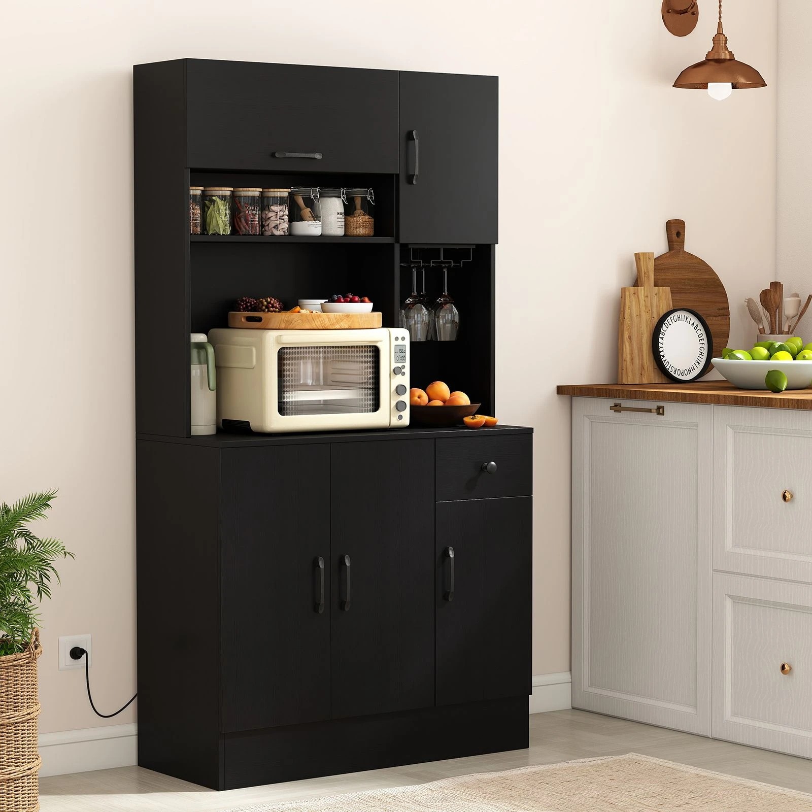 1 Costway 167cm Pantry Cupboard Buffet Sideboard w/Power Outlet - Black, 1 of 2