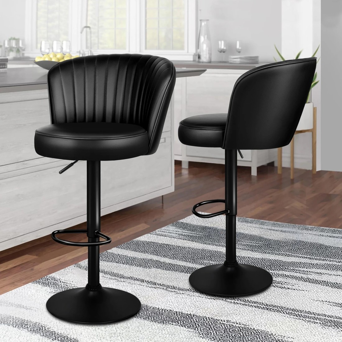 8 Alfordson 4x Bar Stools Gas Lift Leather Bar Chairs Kitchen Swivel - Black, 8 of 9