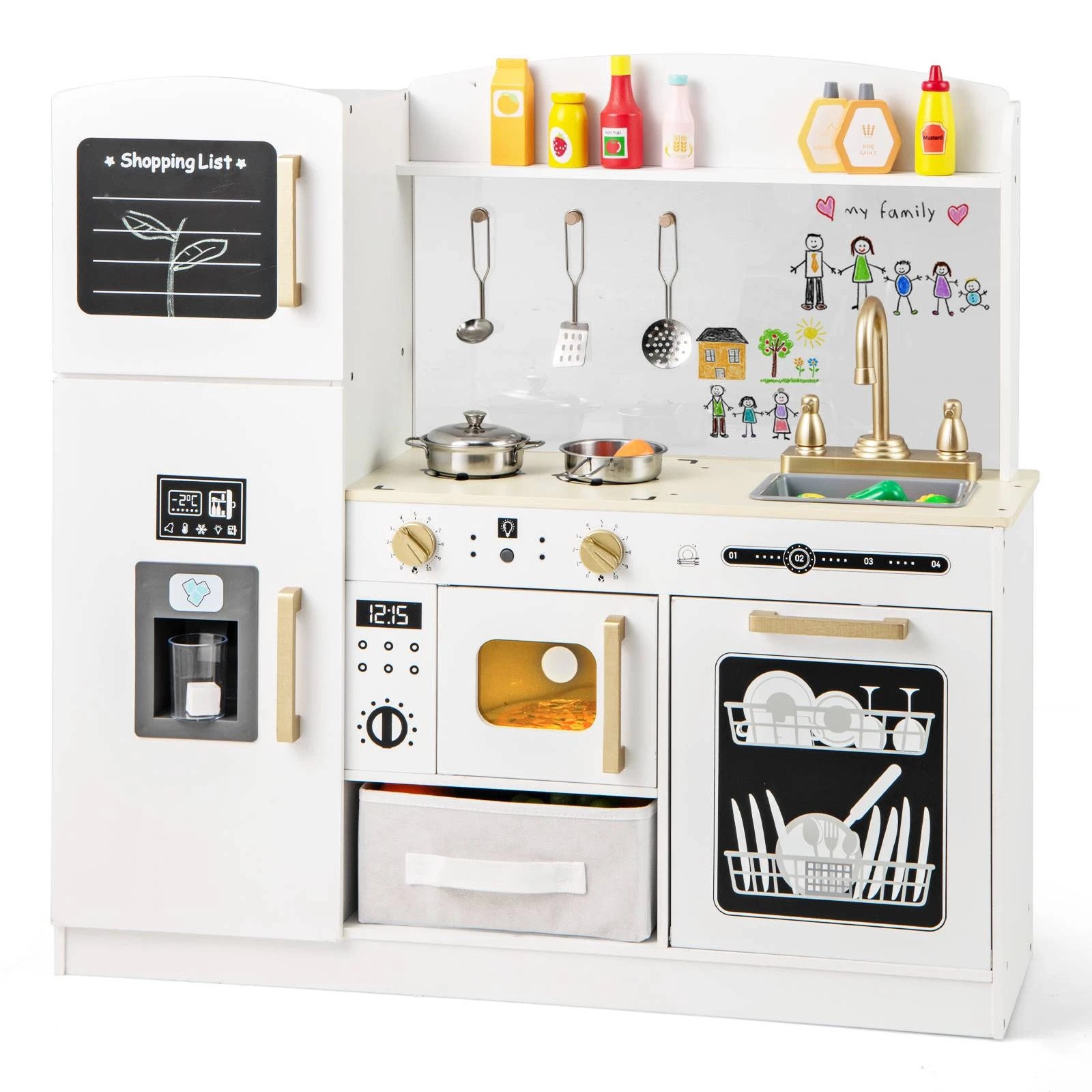 1 Costway Kitchen Playset Pretend Play Kitchen Set w/Refrigerator - White, 1 of 1