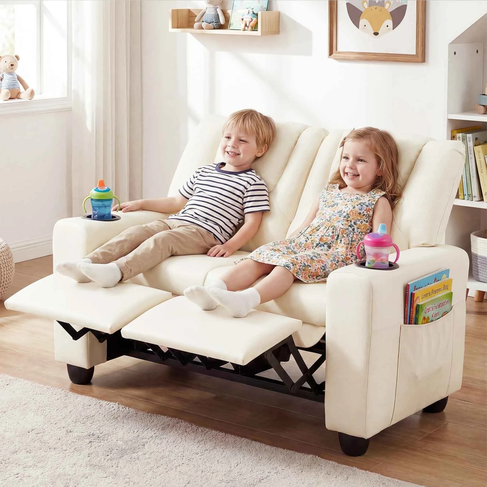 3 Costway 2-Seater Recliner Chair Double Sofa Adjustable Couch PU Leather - Beige, 3 of 3