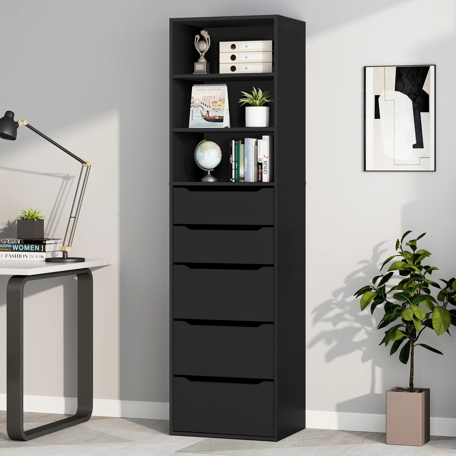 10 Alfordson Chest of 5 Drawers Office Storage Cabinet Tallboy Bedroom - Black, 10 of 10