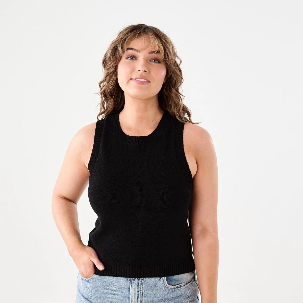 1 Sleeveless Cotton Blend Knit Top BLACK, 1 of 5