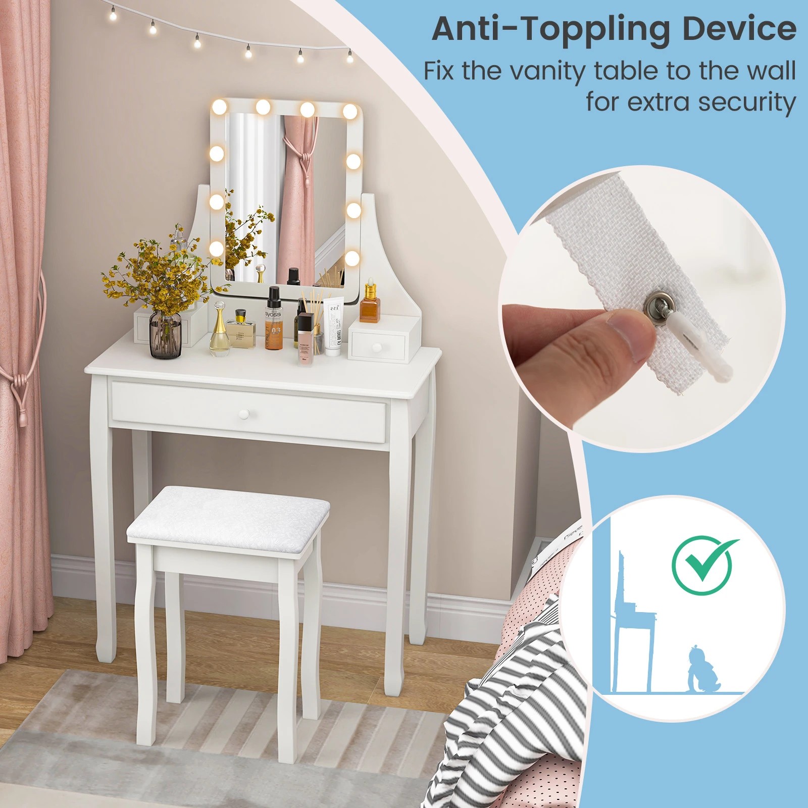 8 Costway Dressing Table Stool Set w/LEDs Rotatable Mirror, 8 of 10