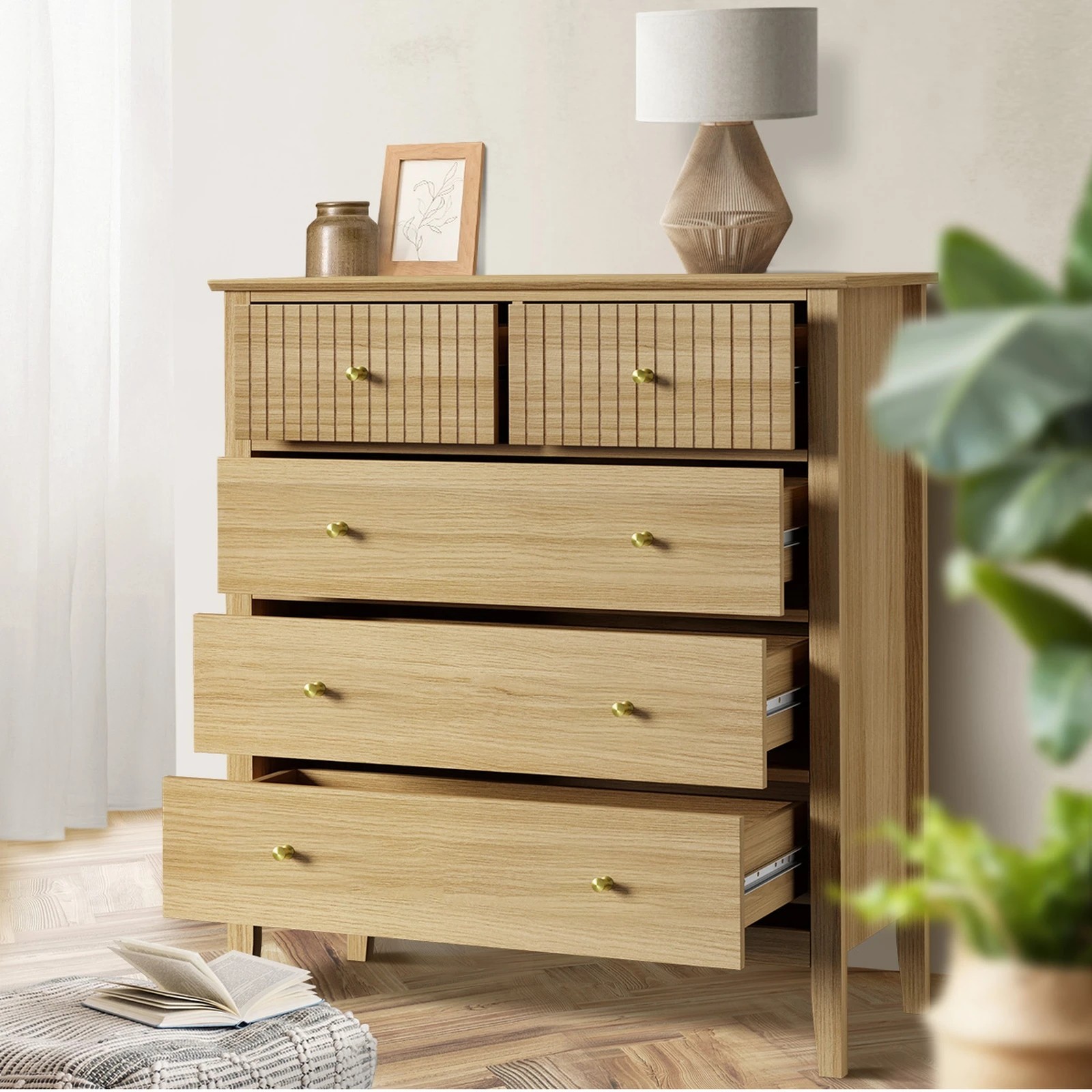 3 Oikiture 5 Chest Of Drawers Dresser Storage Cabinet Tallboy
 - Natural, 3 of 10