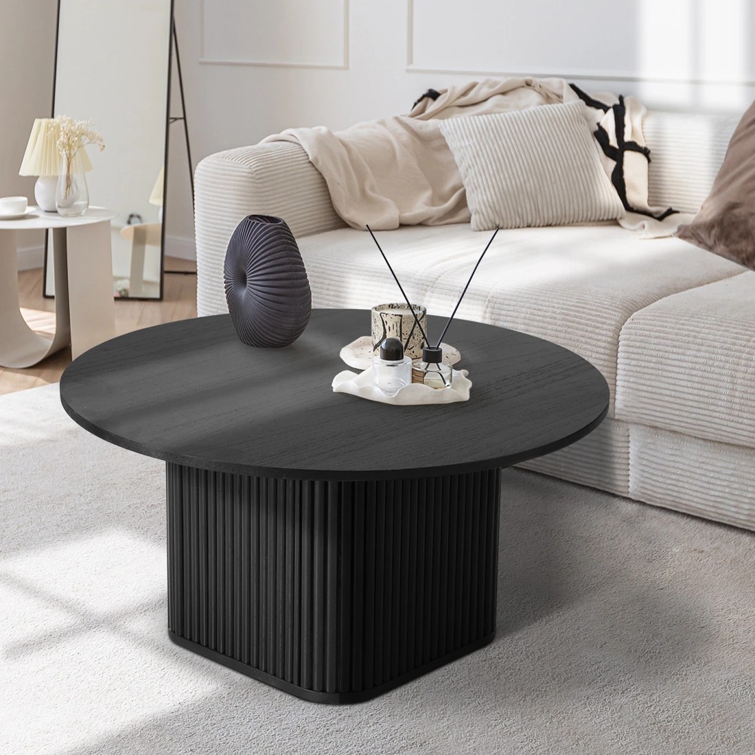 3 Oikiture Coffee Table Side End Tables Sofa Desk Round Wooden
 - Black, 3 of 10