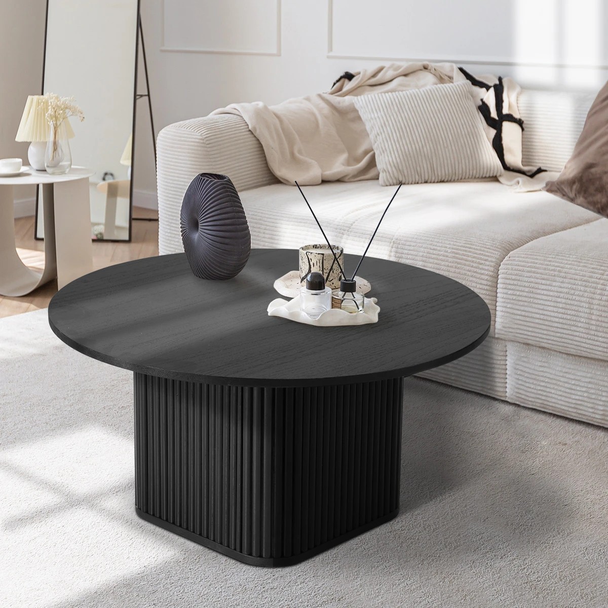 3 Oikiture Coffee Table Side End Tables Sofa Desk Round Wooden
 - Black, 3 of 10