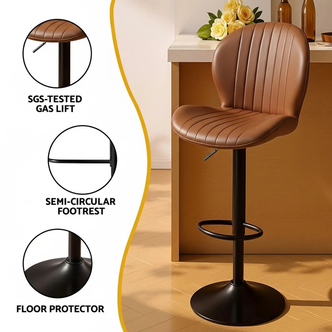 6 Artiss 2x Bar Stools Kitchen Swivel Gas Lift Counter Chair Shell Leather - Brown, 6 of 7