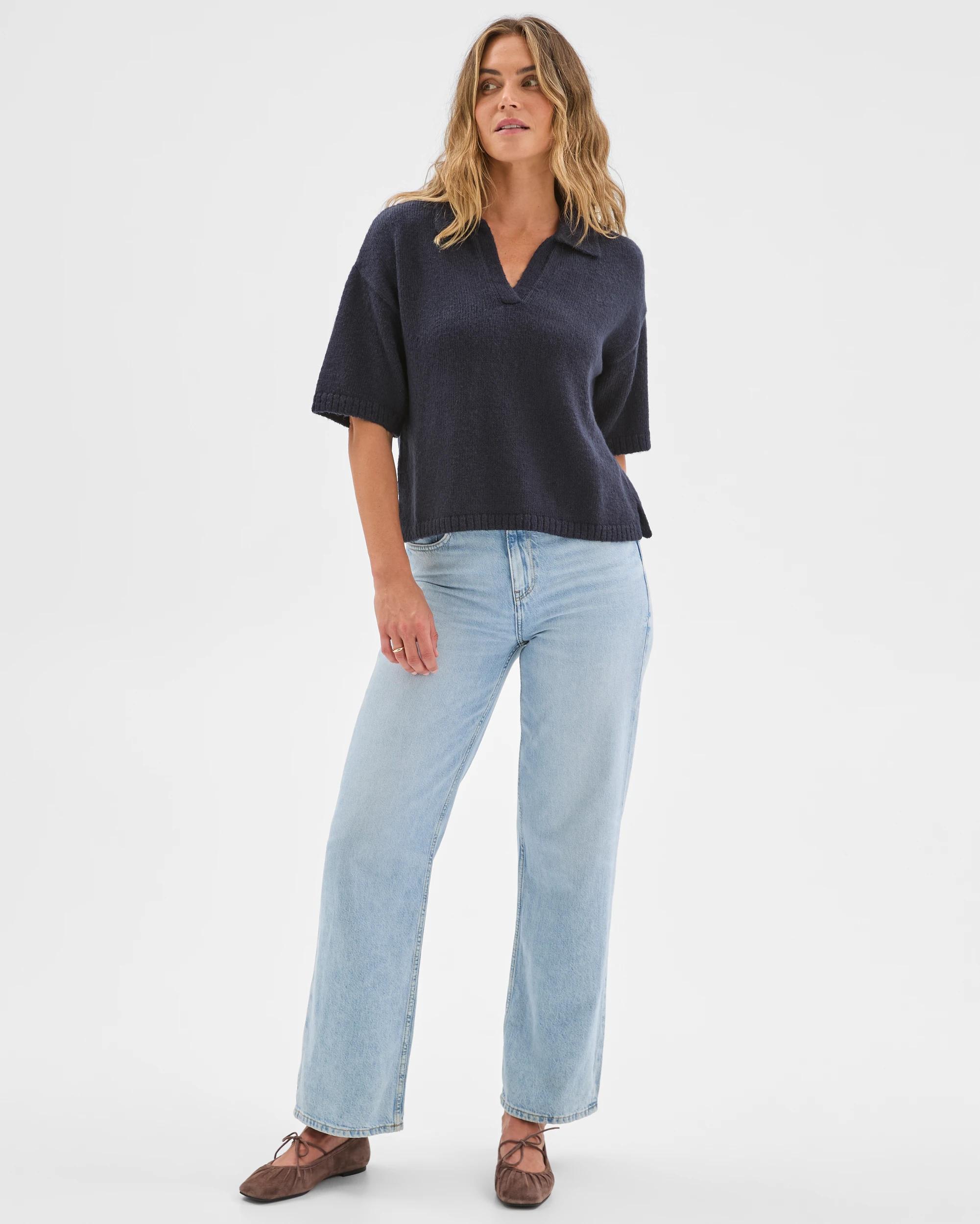 2 Target Woman Twist Slub Polo Knit T-Shirt INK NAVY MARLE, 2 of 6