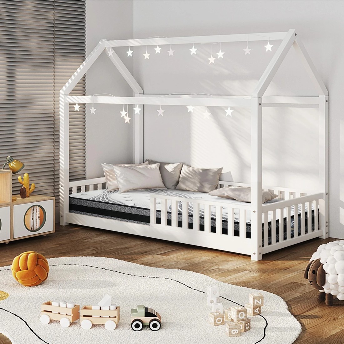 3 Oikiture Kids Bed Frame With Single Mattress Set House Frame
 - White, 3 of 10