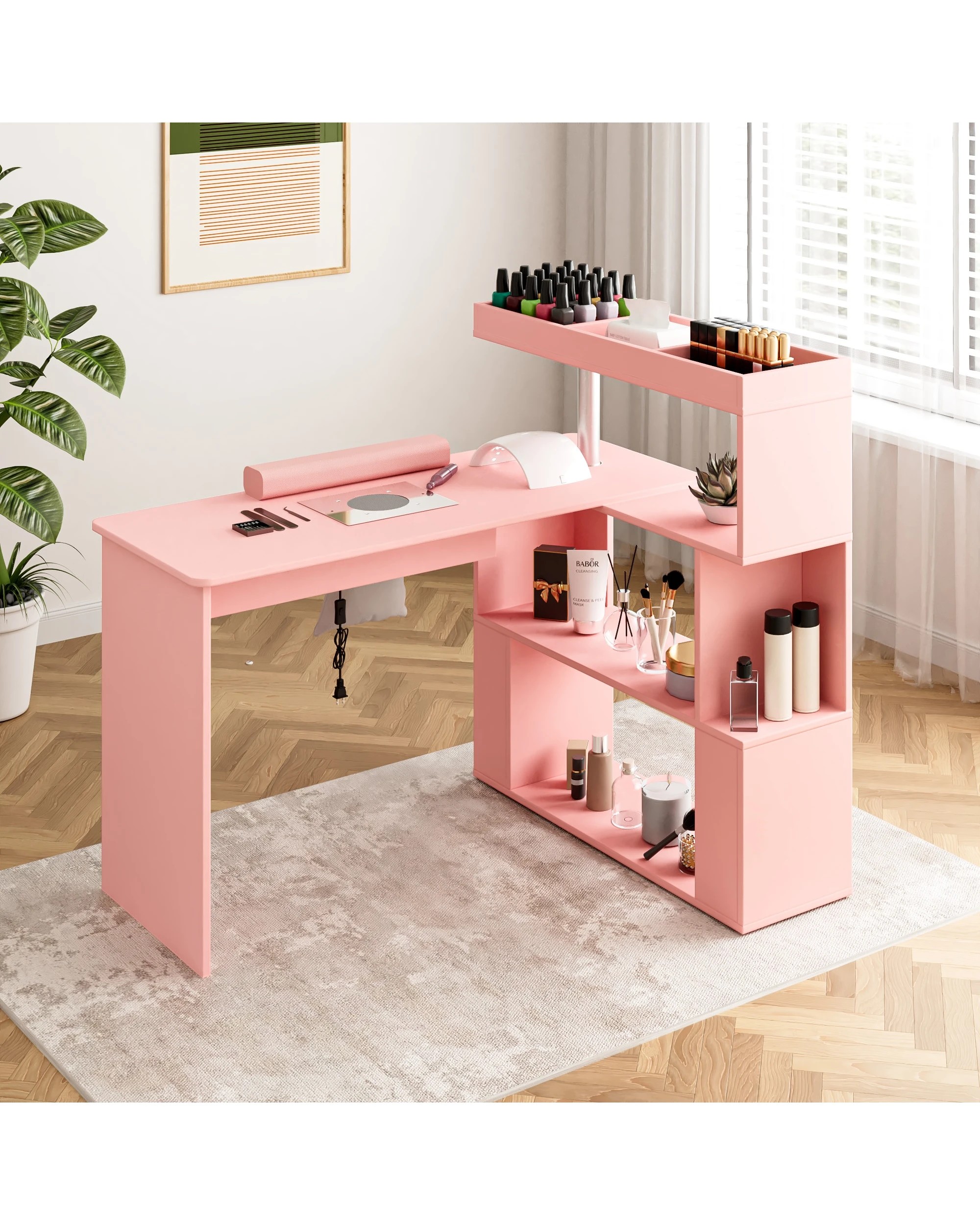2 Advwin Manicure Table Dressing Nail Tech Desk with Dust Collector Rotating Reversible L-Shaped Salon Workstation - Pink, 2 of 8