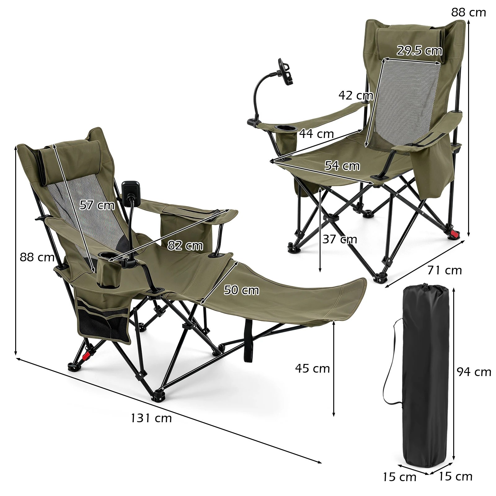 2 Costway 2-in-1 Reclining Camping Chair Folding Lounge w/Detachable Footrest & Phone Stand - Green, 2 of 2