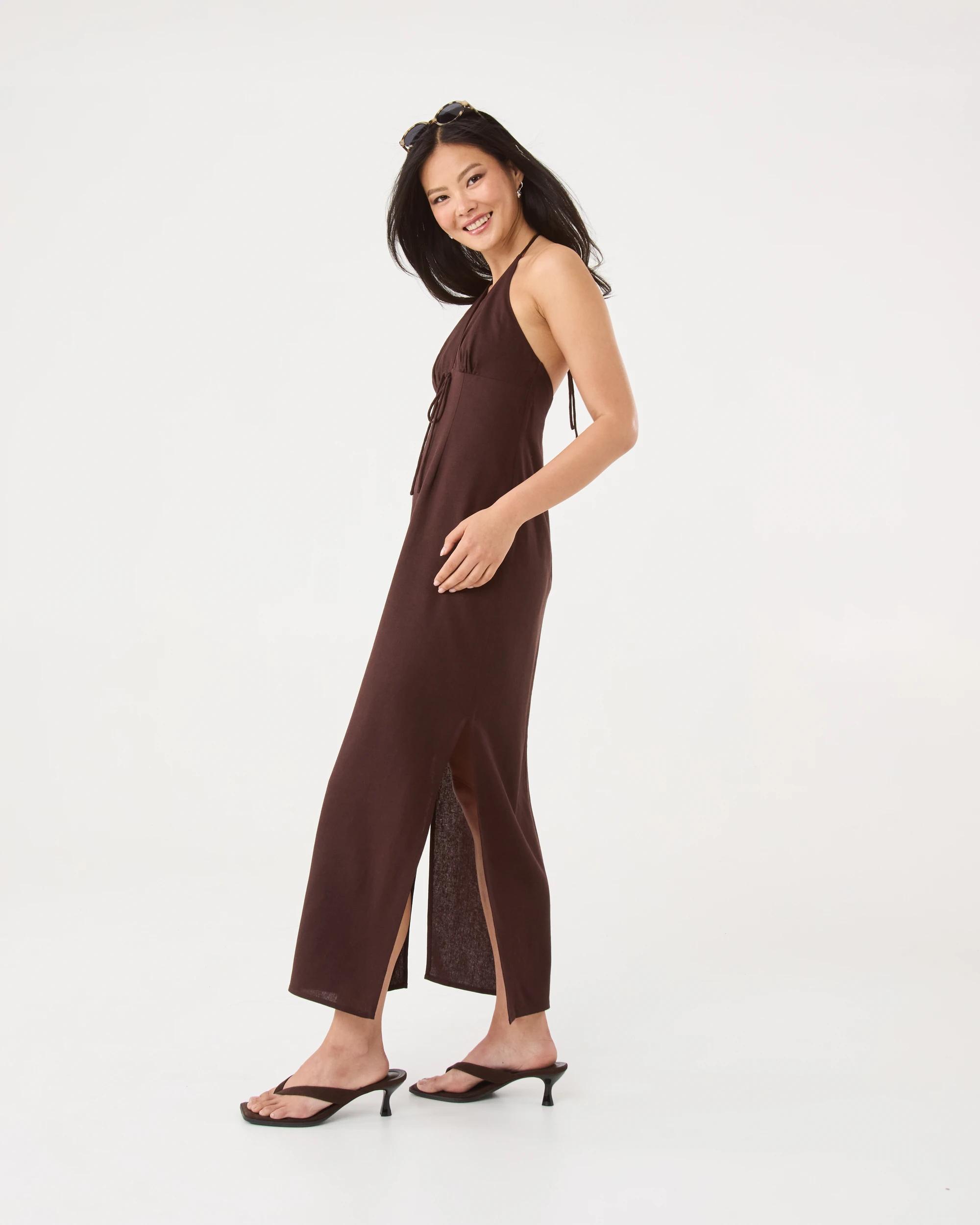 2 Sleeveless Linen Blend Maxi Slip Dress Choc Plum, 2 of 9