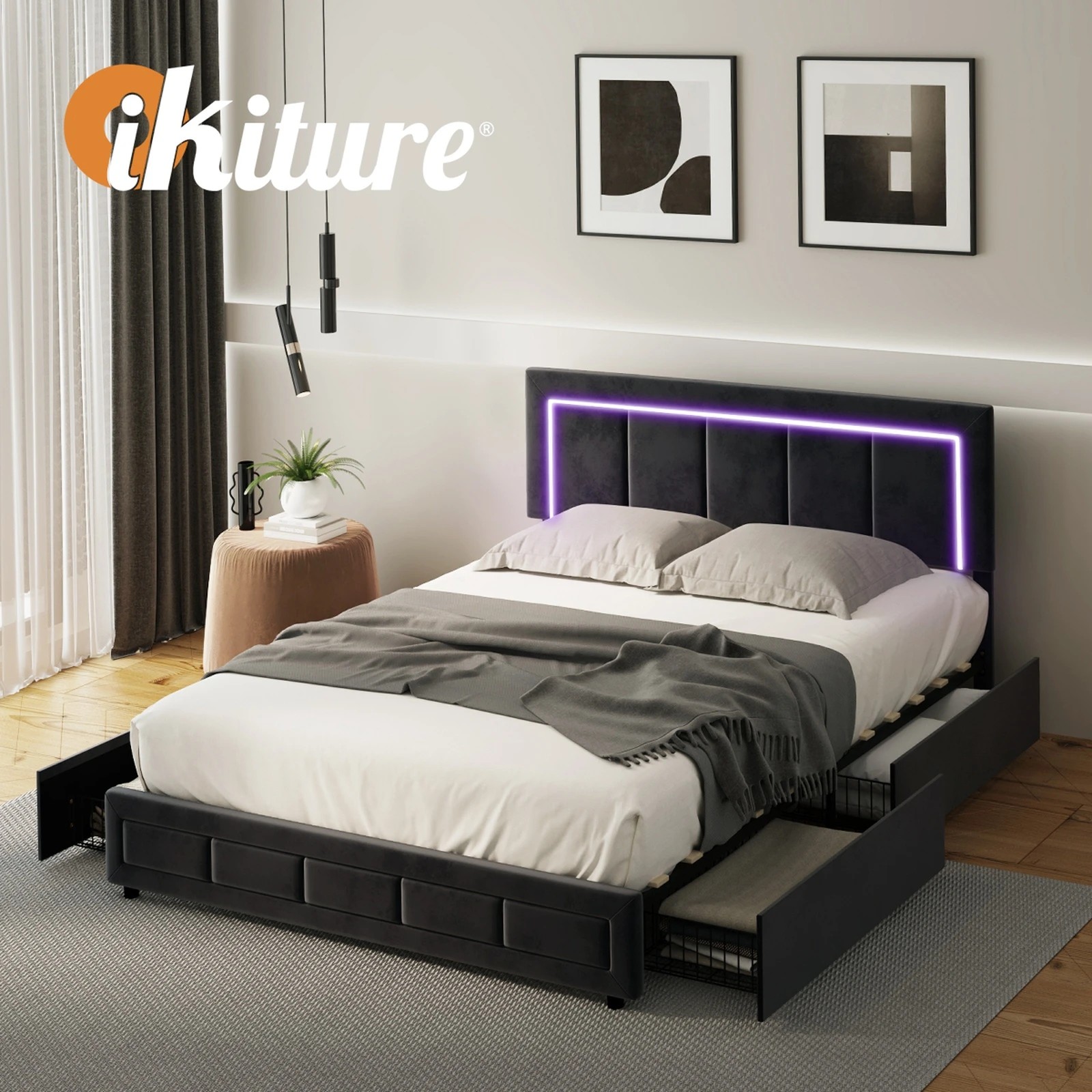 8 Oikiture LED Double Bed Frame With 4 Storage Drawers & Charging Station - Black, 8 of 9