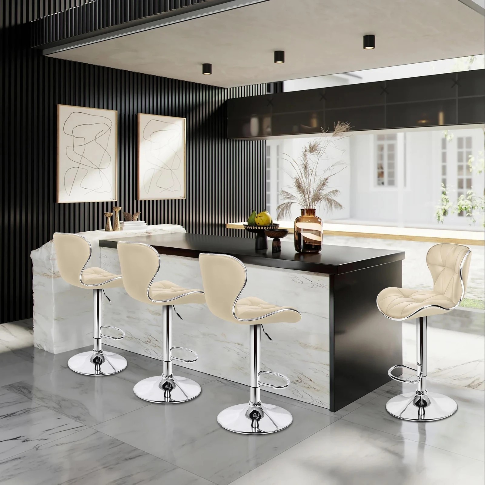 9 Alfordson 2x Bar Stools Luna Kitchen Swivel Chair Leather Gas lift - Beige, 9 of 9