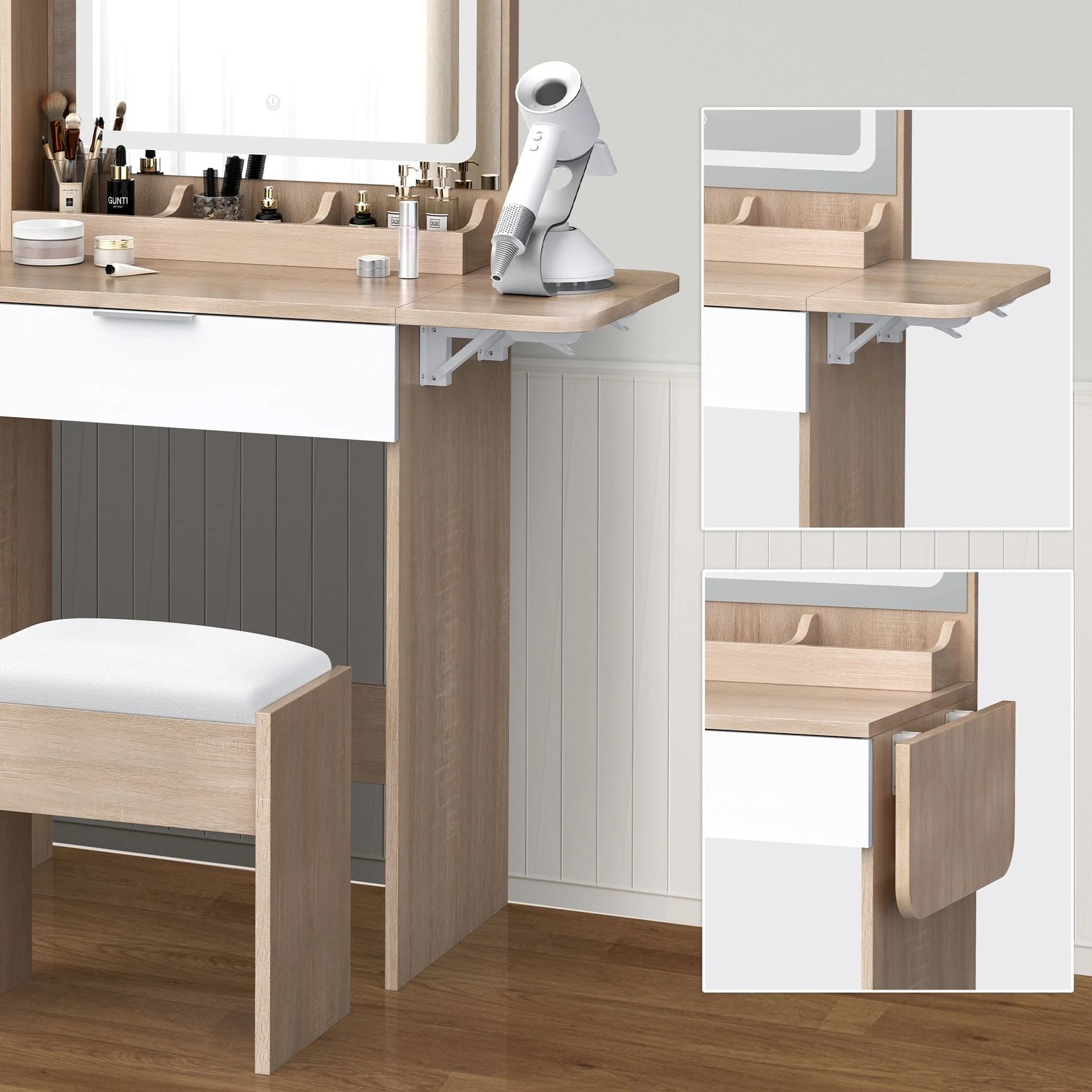 3 Alfordson Dressing Table Stool Set LED Vanity Desk Makeup Mirror Drawers - Oak, 3 of 10