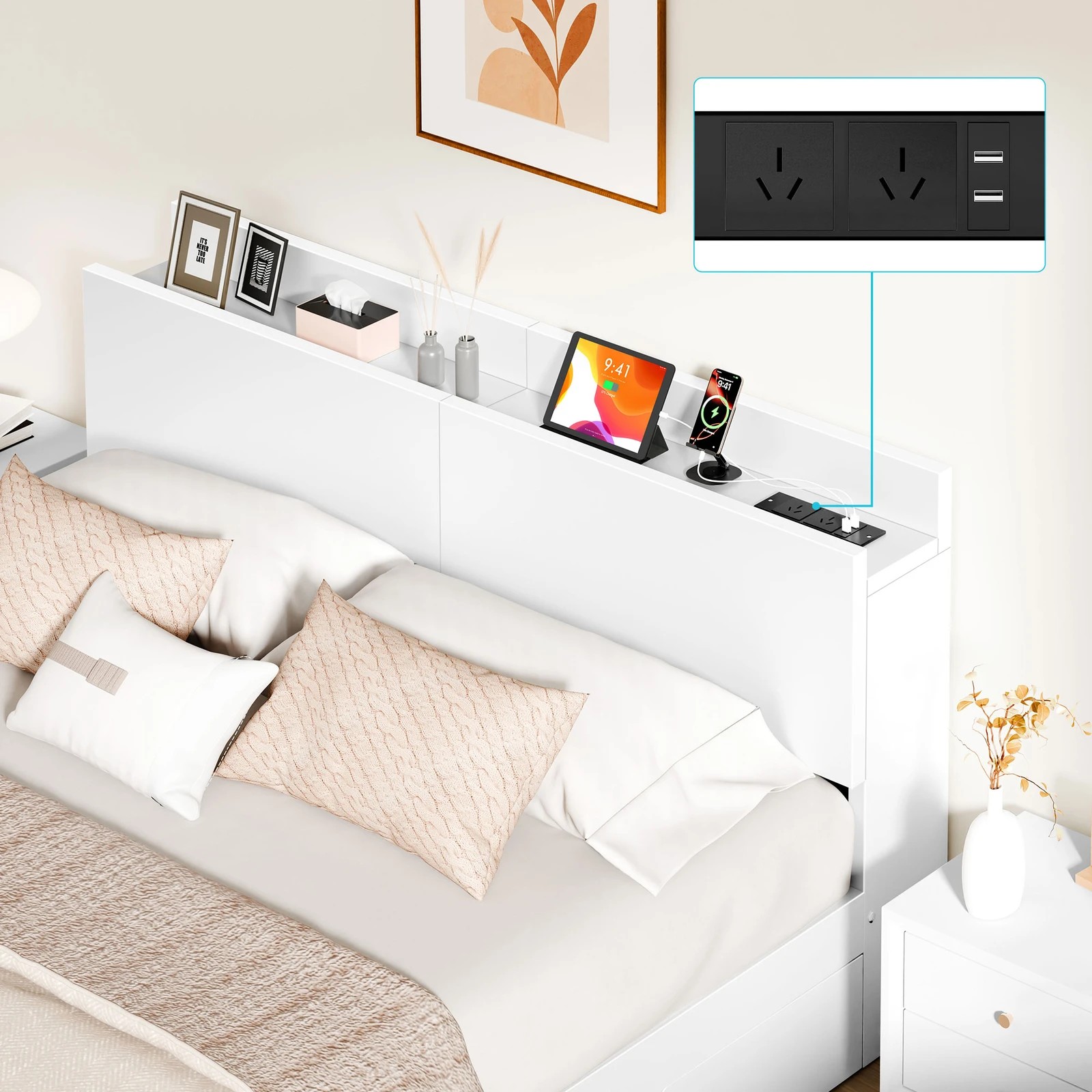 5 Alfordson Wooden Bed Frame Queen Size with Charging Station & 2 Drawers - White, 5 of 10