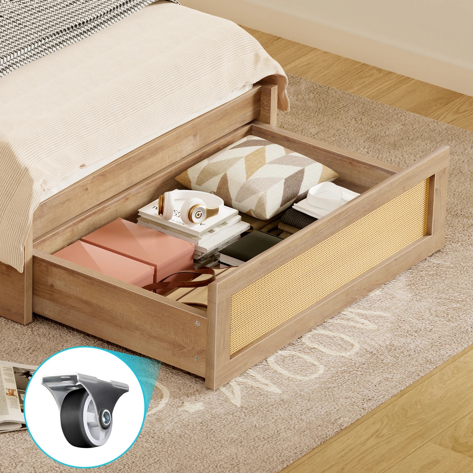 9 Alfordson Wooden Bed Frame Single Size Rattan Bed Base with Storage Drawer - Oak, 9 of 10