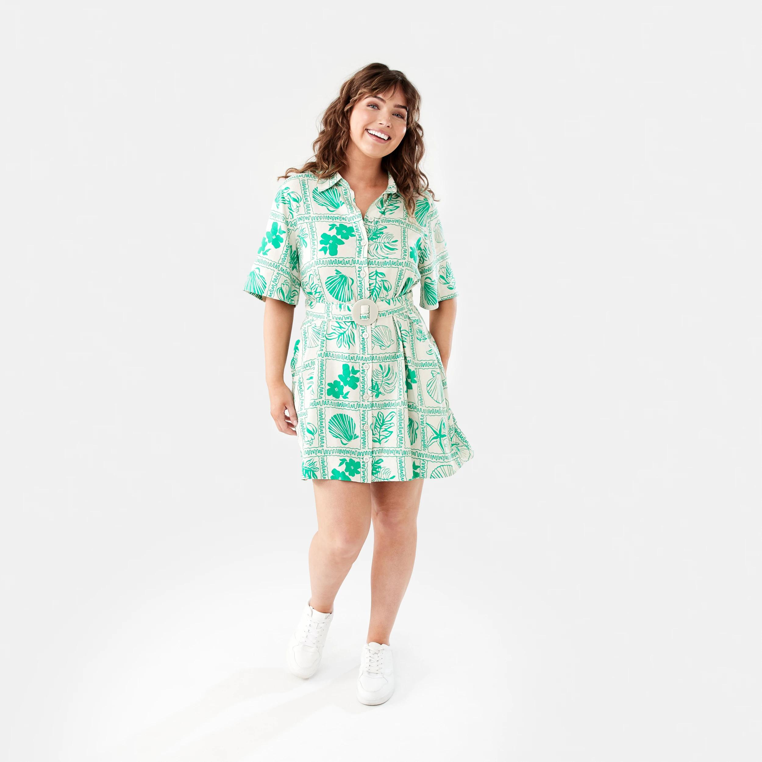 8 Short Sleeve Belted Mini Shirt Dress SHELL GEO SIMPLY GREEN, 8 of 8