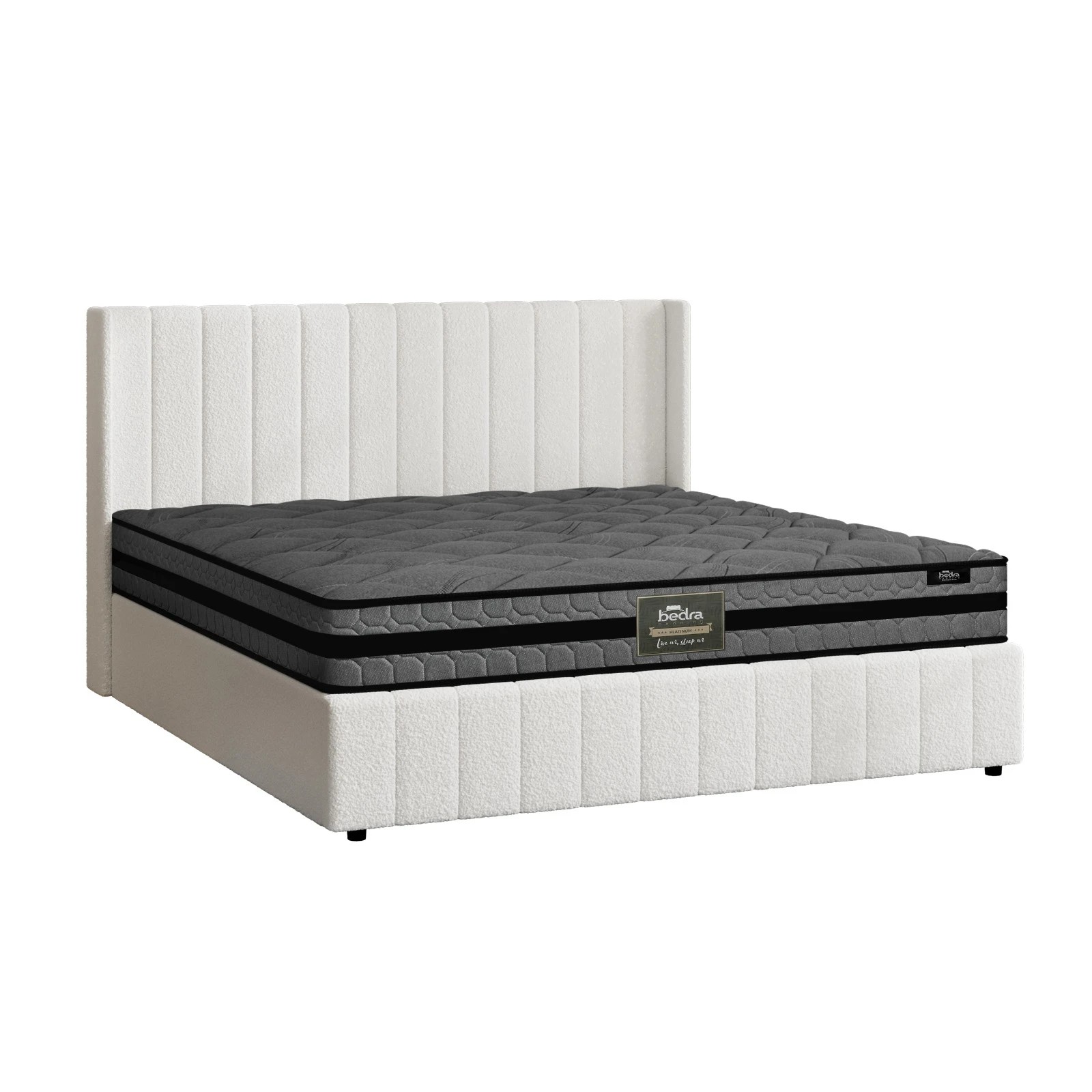 1 Oikiture Bed Frame Double Size Gas Lift Storage Boucle Beds W/ Mattress Set BILY - White, 1 of 8