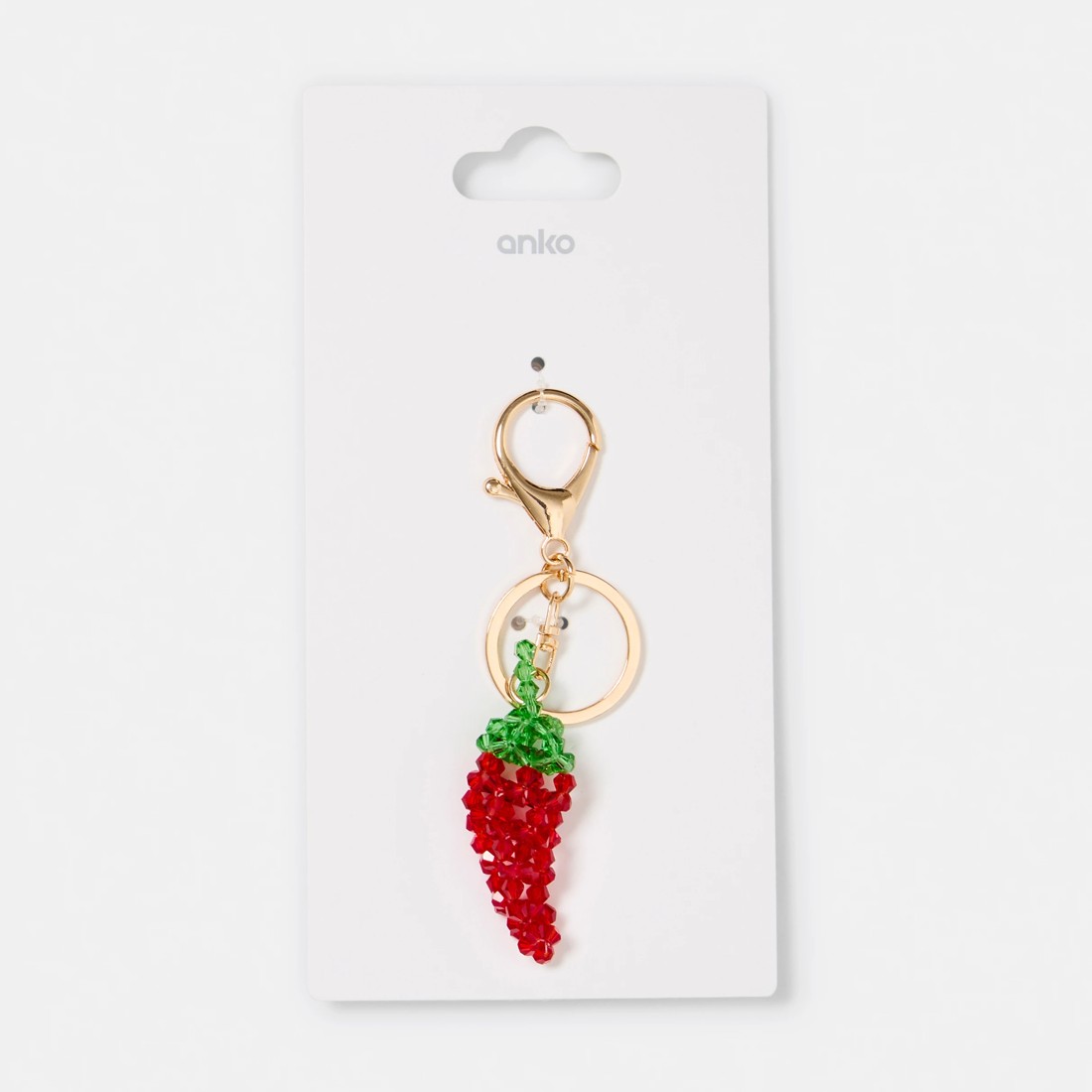 2 Bead Chilli Charm Keyring - Gold Tone, Red and Green, 2 of 2