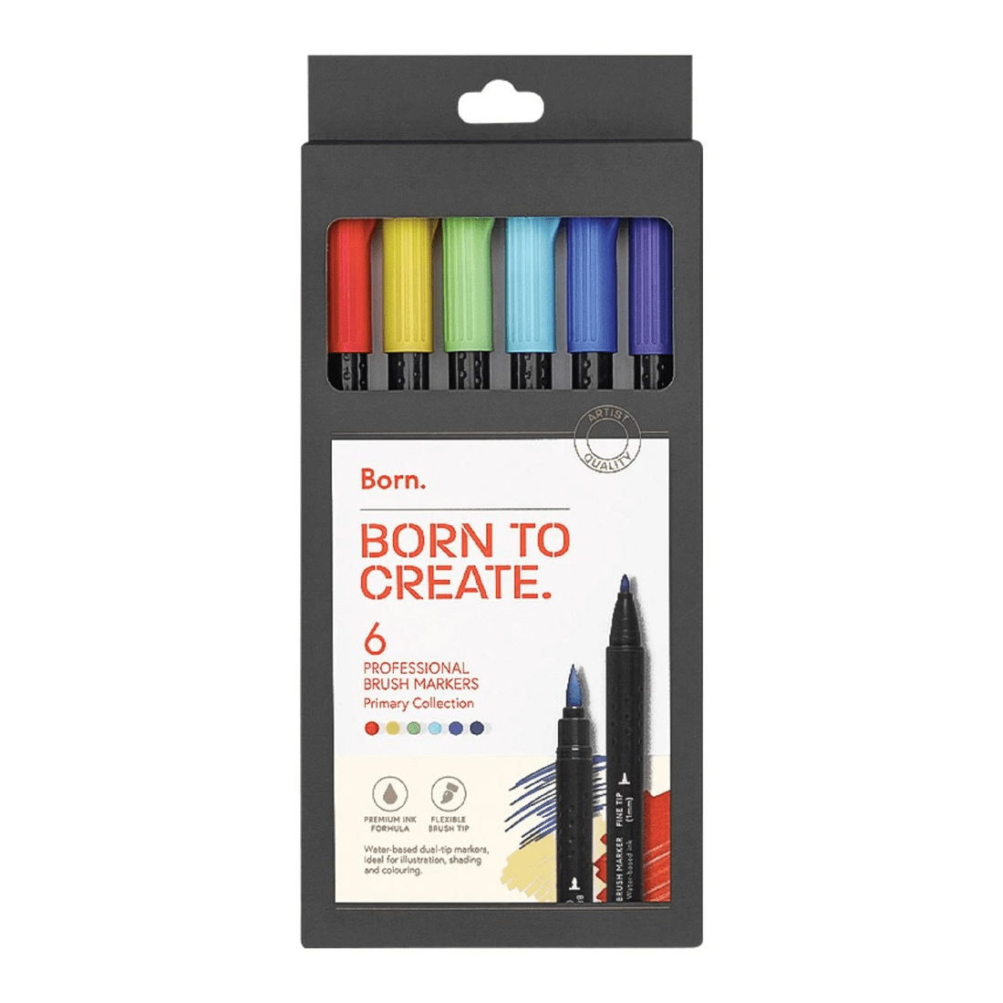 1 Born Professional Brush Dual-Tip Markers Primary 6 Pack, 1 of 4
