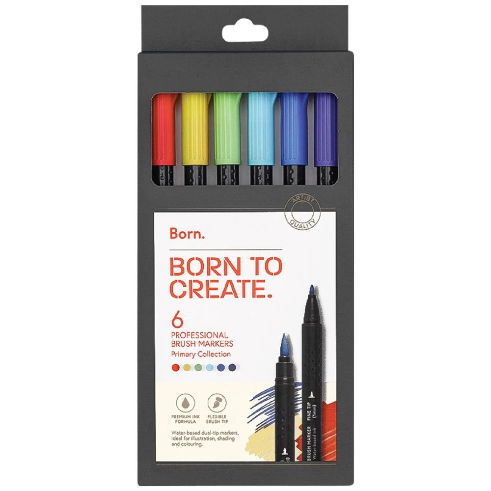 1 Born Professional Brush Dual-Tip Markers Primary 6 Pack, 1 of 4