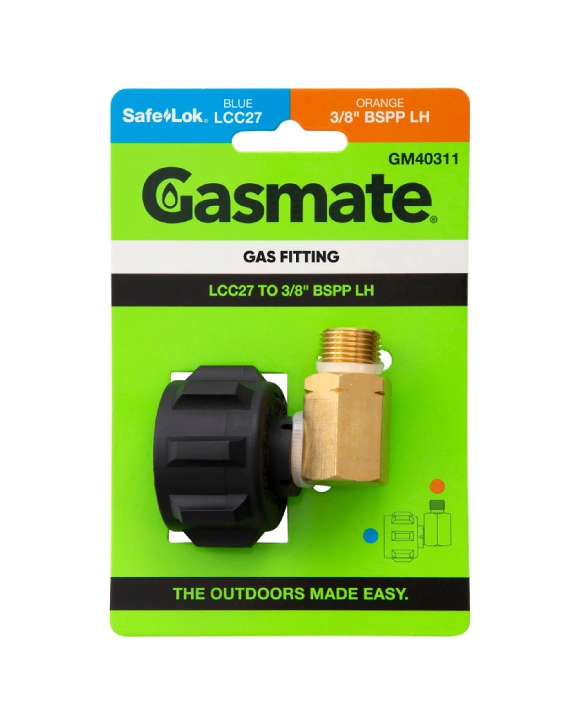 1 Gasmate Gas Fitting LCC27 To 3/8 BSPP LH 90 Degree Brass Nylon Connector - Multi, 1 of 3