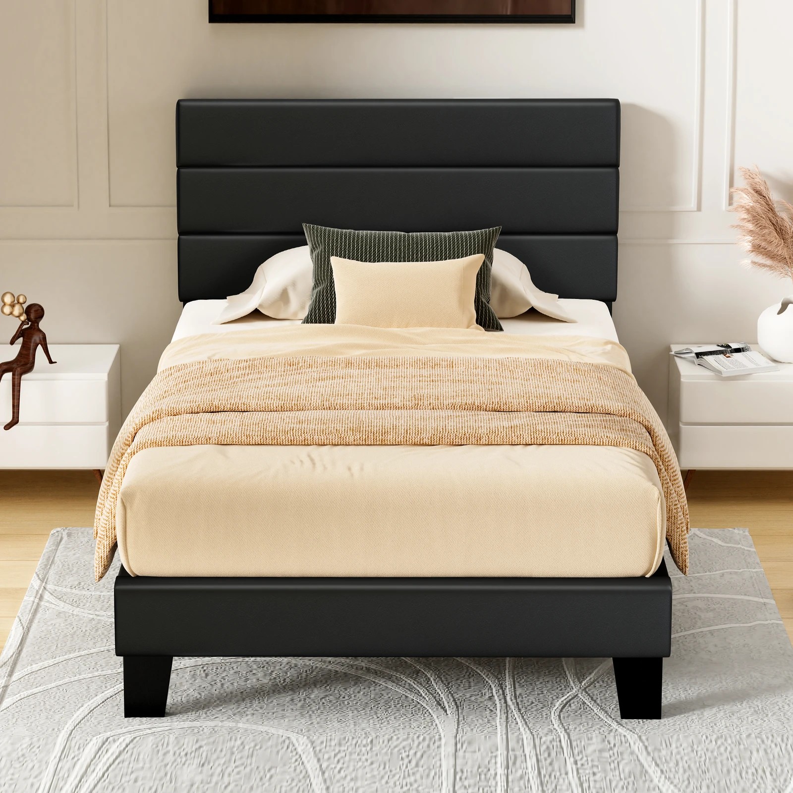 3 Alfordson Bed Frame Single Size Upholstered Platform Leather Harlene - Black, 3 of 10