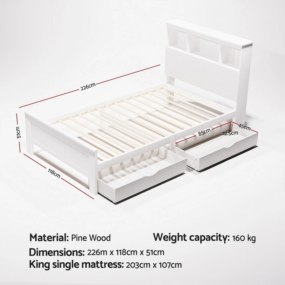 2 Artiss Bed Frame King Single Size Wooden with 2 Storage Drawers - White, 2 of 8