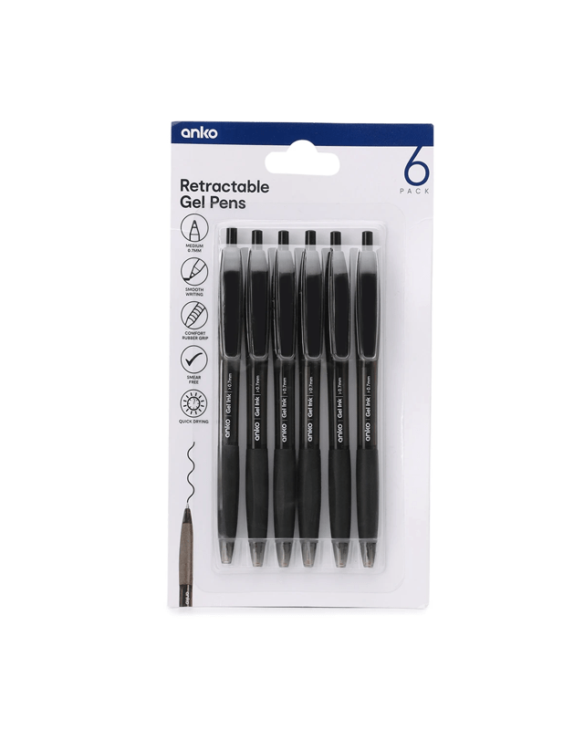 6 Pack Retractable Gel Pens - B