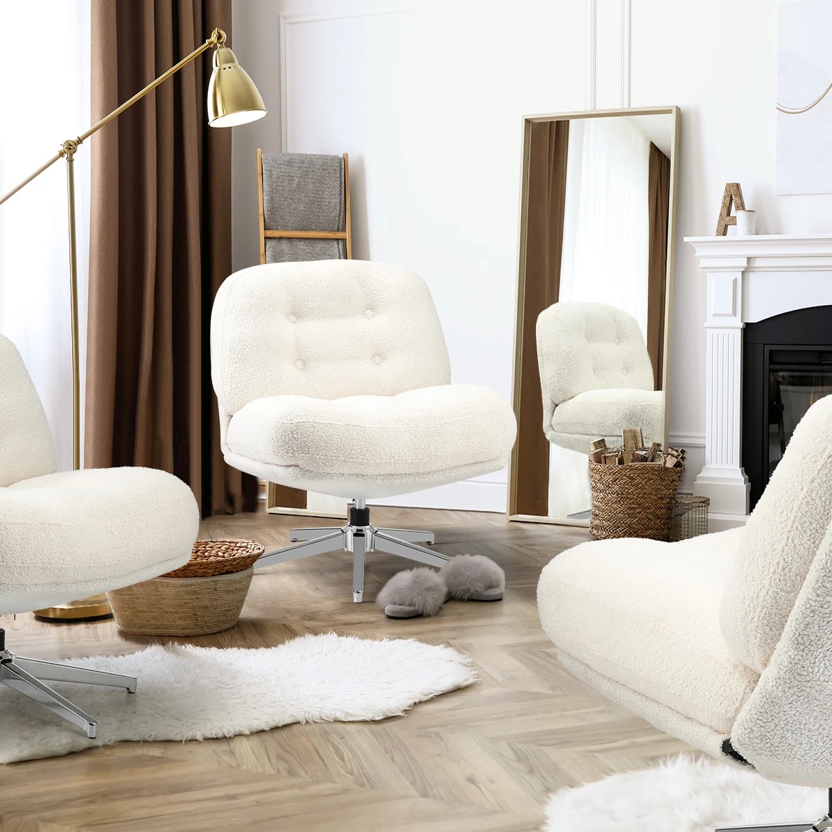 6 Oikiture Armchair Swivel Lounge Chair Padded Accent Chairs Boucle - White, 6 of 10