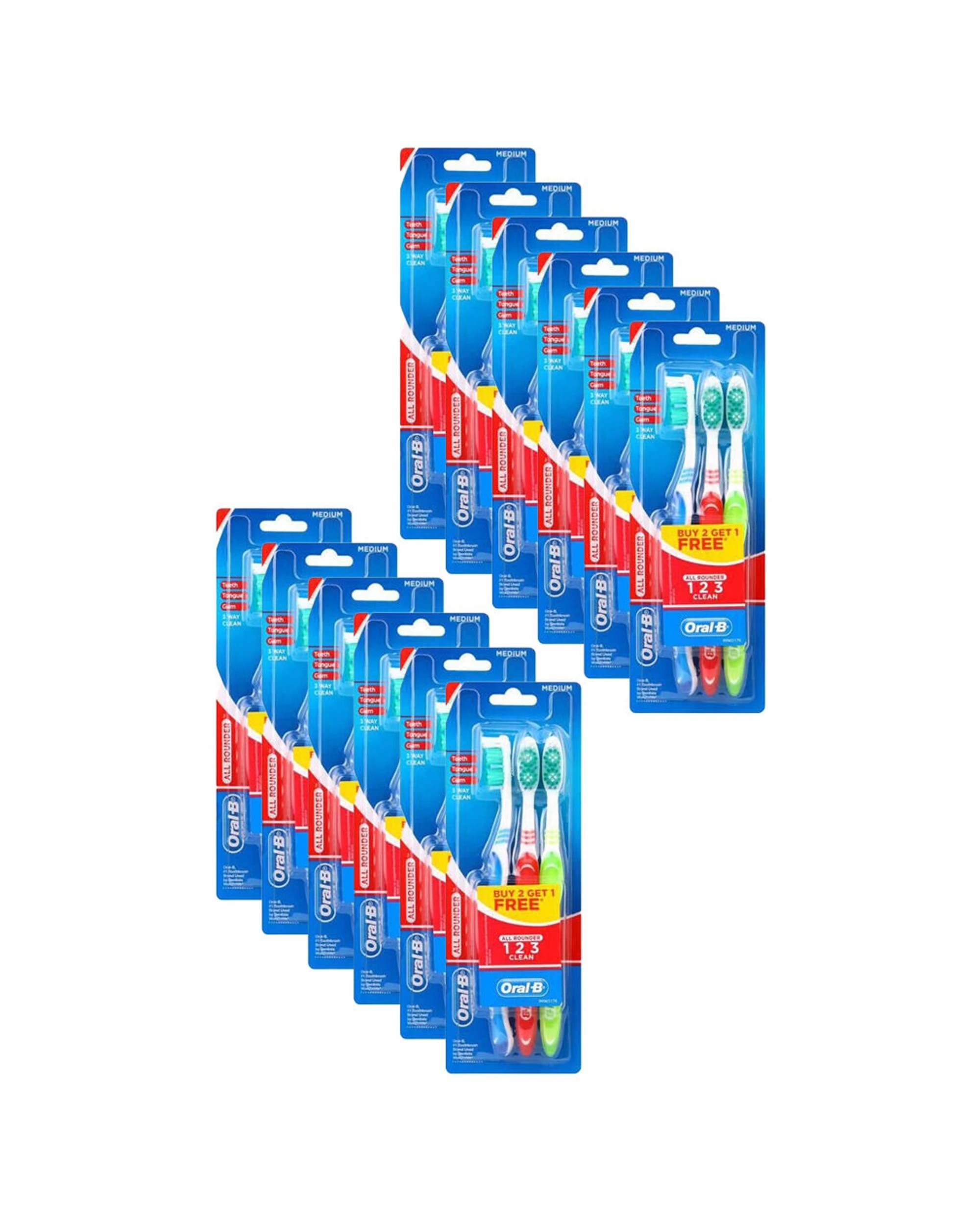 1 Oral B 12x 3pc All Rounder Medium Standard Toothbrush Dental Care Pack - Multi, 1 of 2