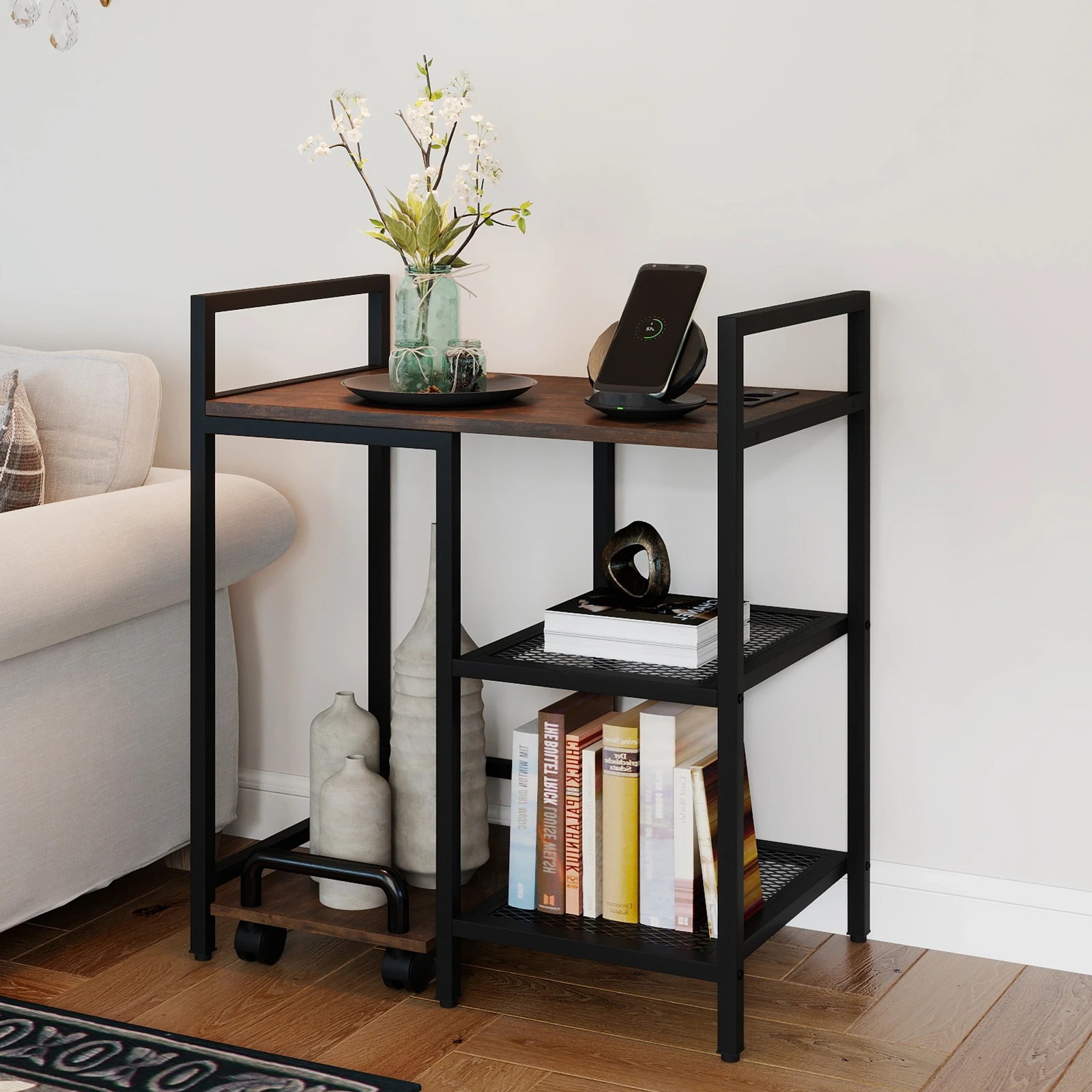 5 Costway Printer Stand w/Charging Station 3-Tier Storage Side Table - Brown, 5 of 6
